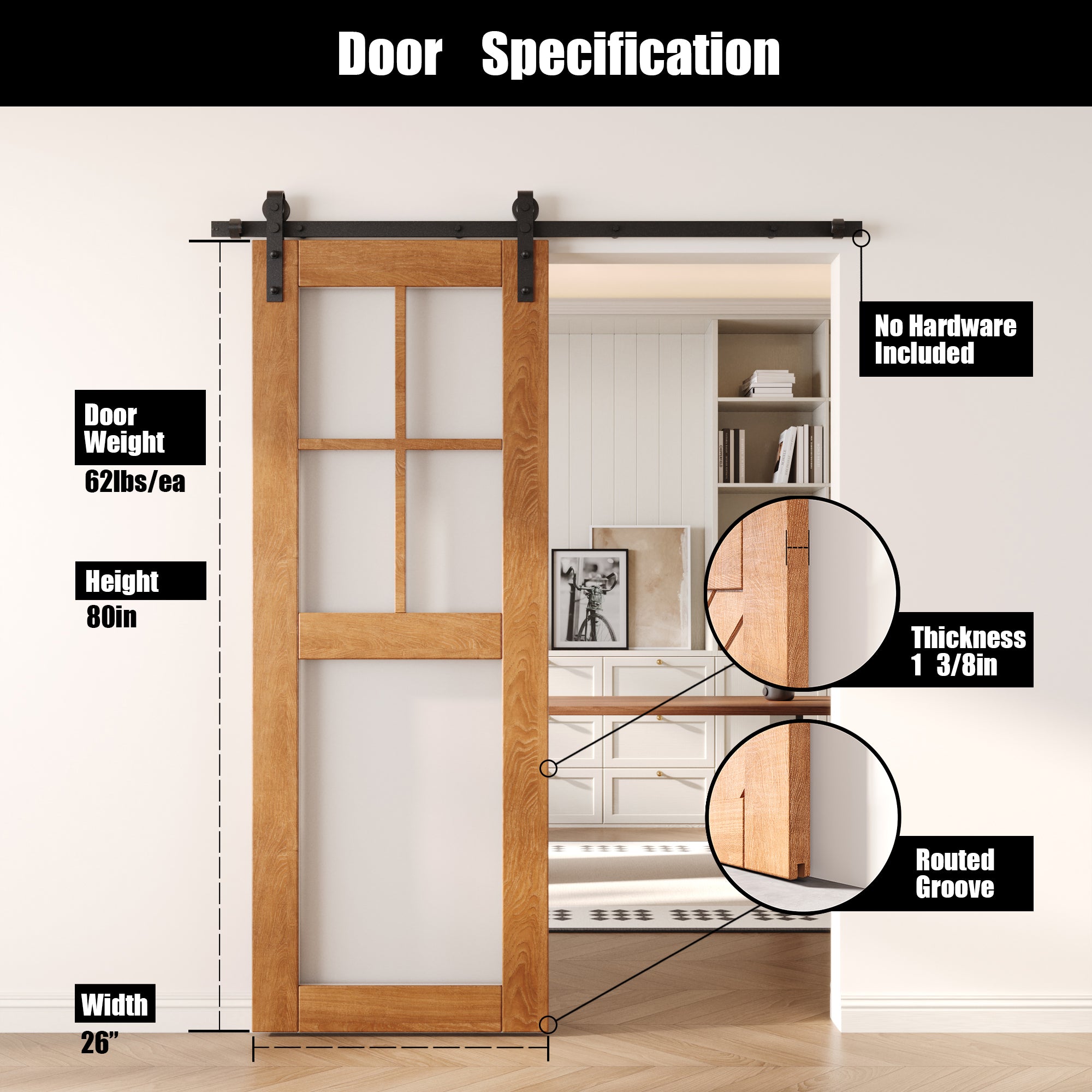 80" Height Early American 5-Lite Frosted Glass Unassembled & Finished Pine Wood Barn Door (Interior Use Only)