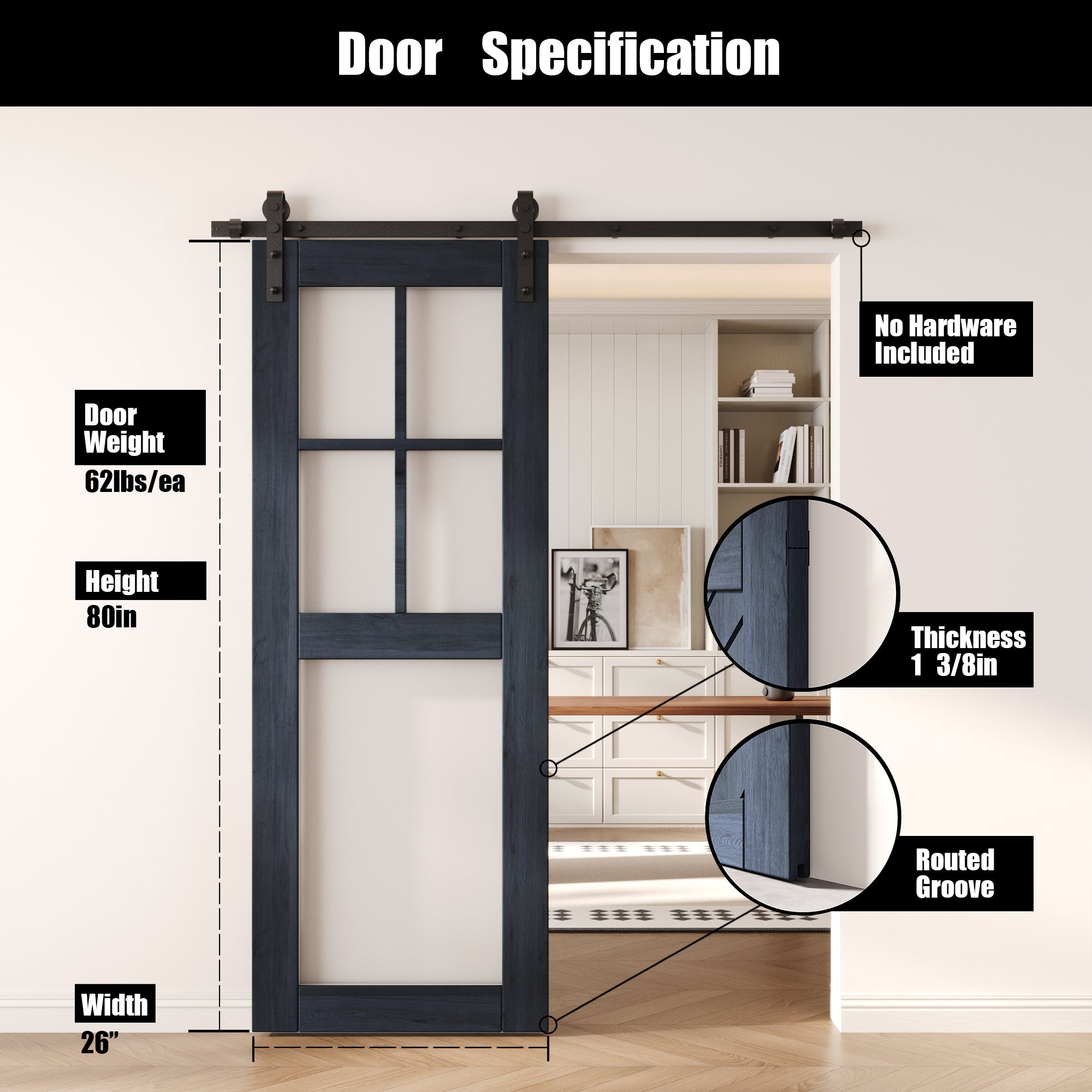 80" Height Navy 5-Lite Frosted Glass Unassembled & Finished Pine Wood Barn Door (Interior Use Only)