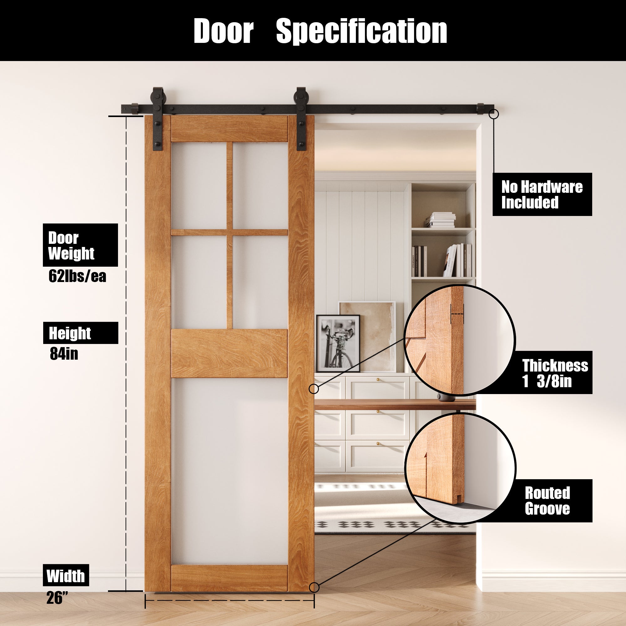 84" Height Early American 5-Lite Frosted Glass Unassembled & Finished Pine Wood Barn Door (Interior Use Only)