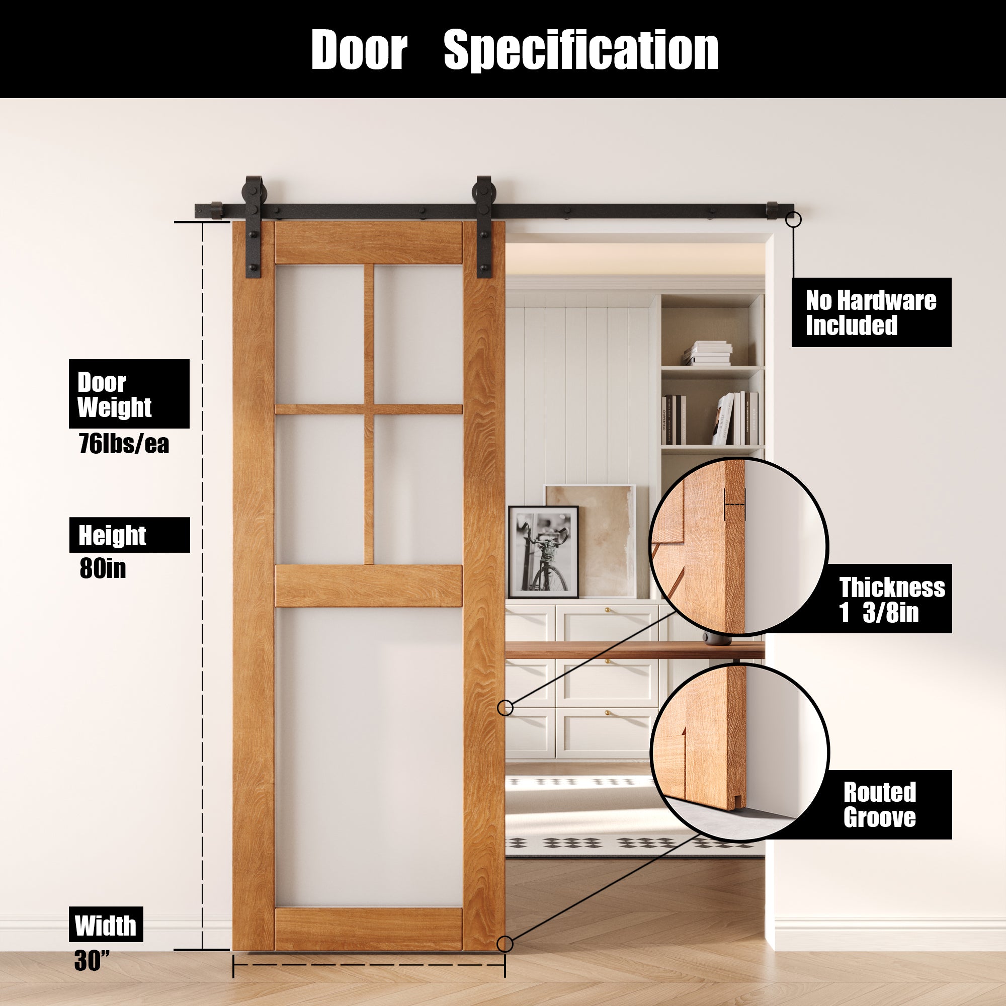 80" Height Early American 5-Lite Frosted Glass Unassembled & Finished Pine Wood Barn Door (Interior Use Only)