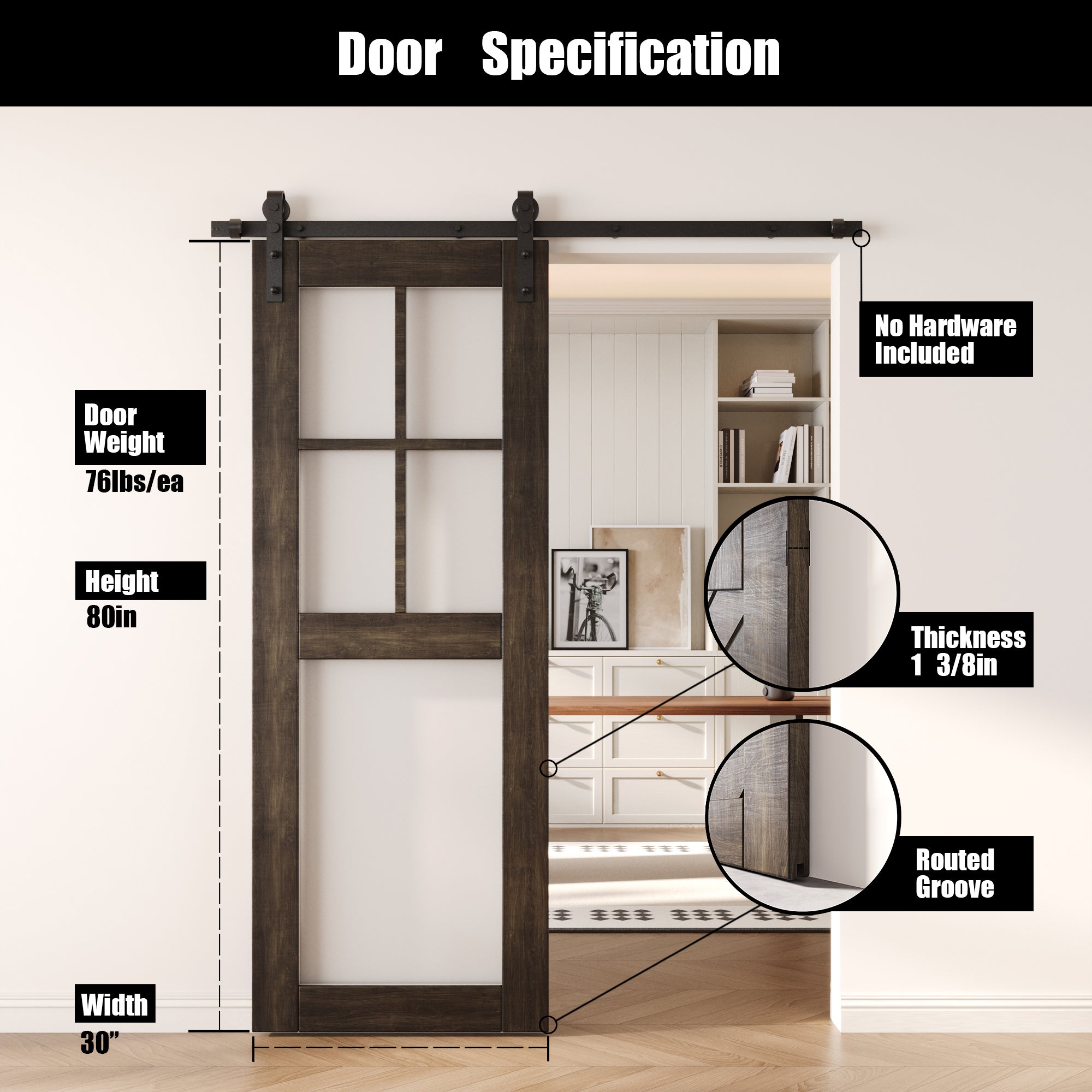 80" Height Ebony 5-Lite Frosted Glass Unassembled & Finished Pine Wood Barn Door (Interior Use Only)