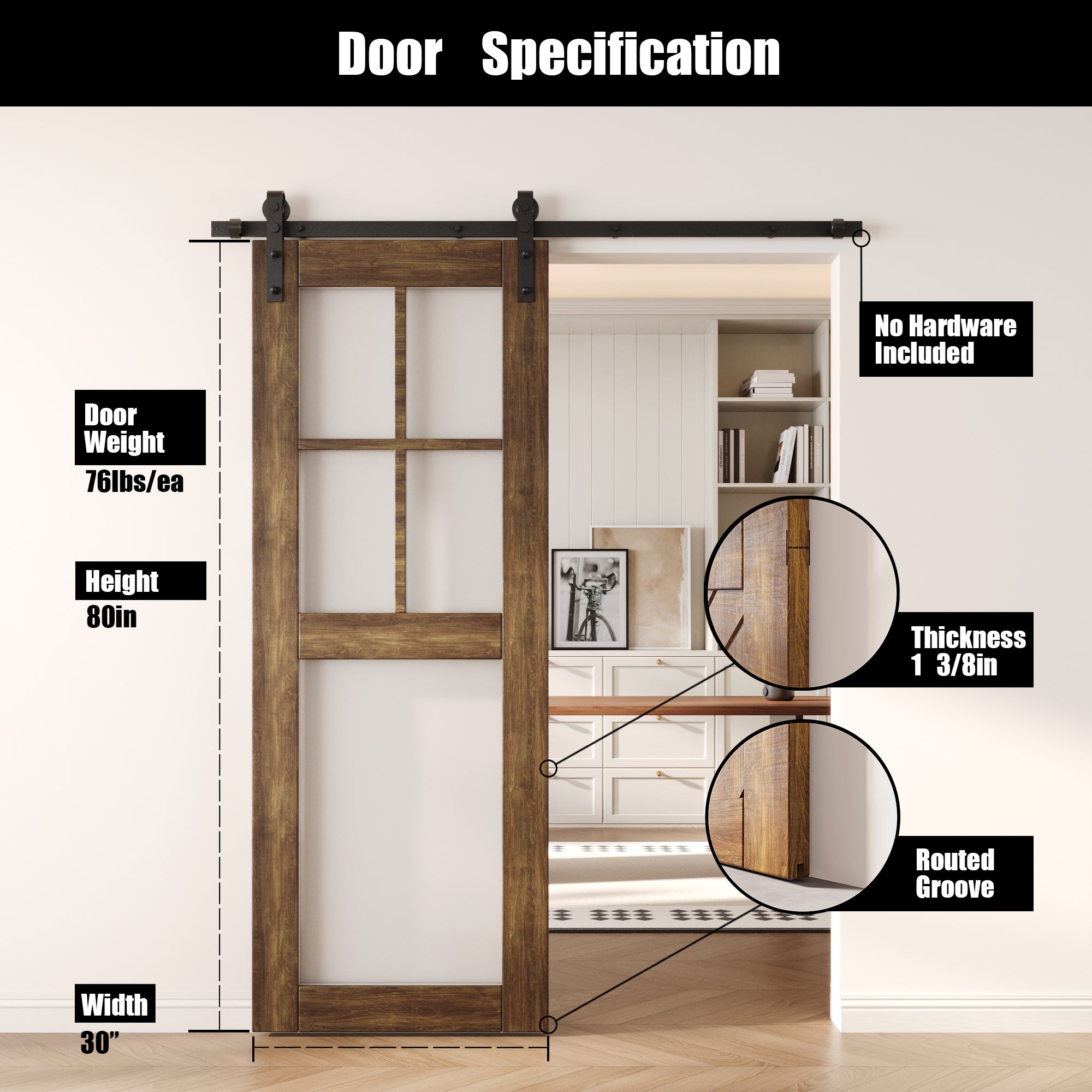 80" Height Dark Walnut 5-Lite Frosted Glass Unassembled & Finished Pine Wood Barn Door (Interior Use Only)