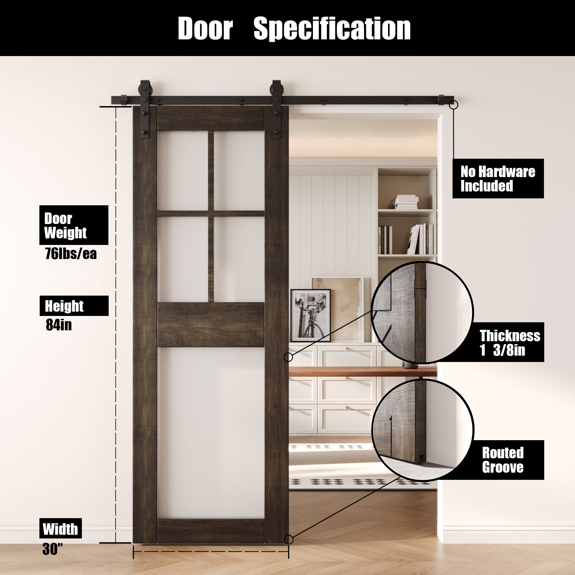 84" Height Ebony 5-Lite Frosted Glass Unassembled & Finished Pine Wood Barn Door (Interior Use Only)