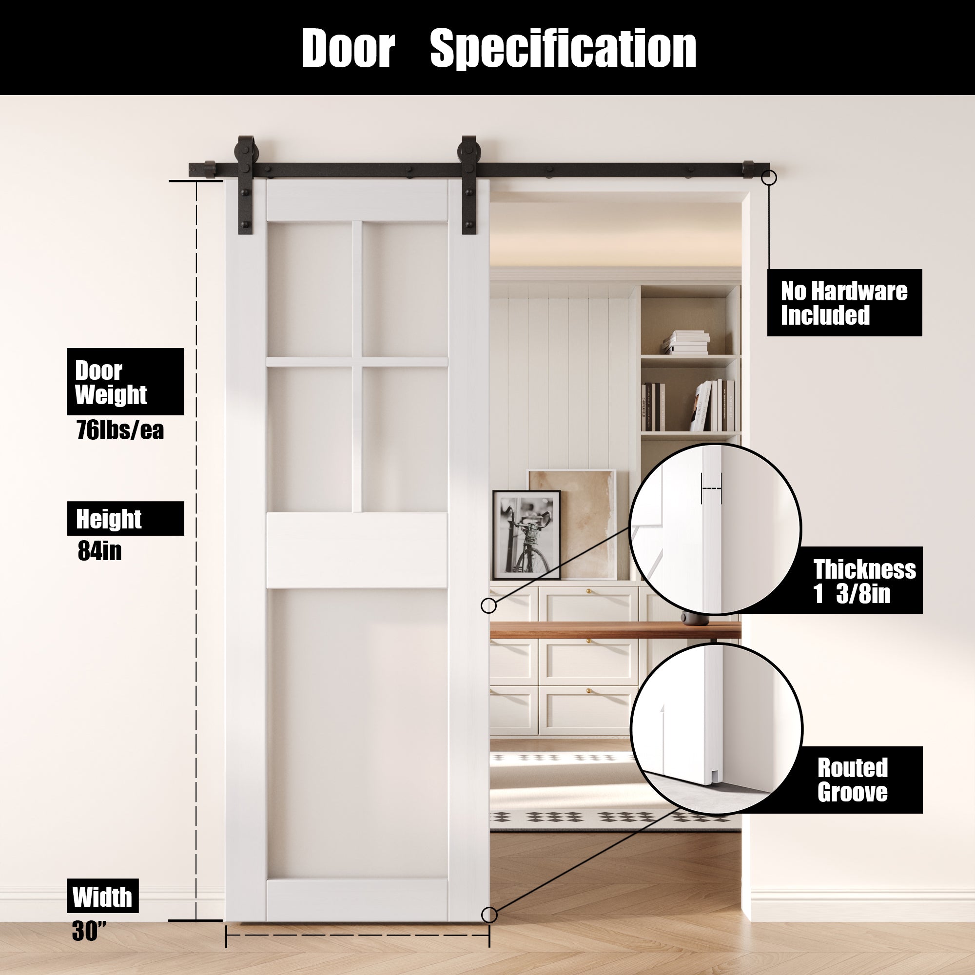 84" Height White 5-Lite Frosted Glass Unassembled & Finished Pine Wood Barn Door (Interior Use Only)
