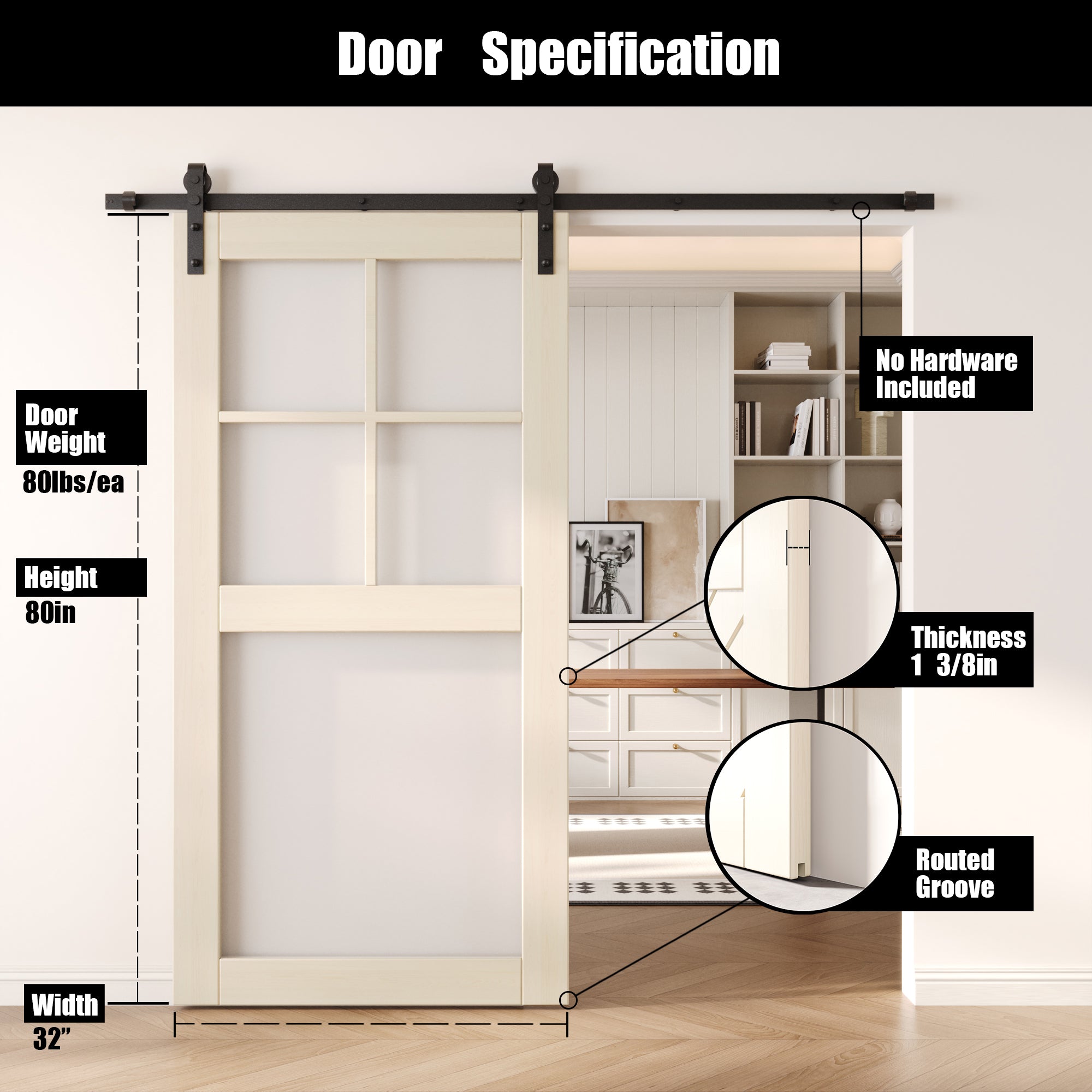 80" Height Tinsmith Gray 5-Lite Frosted Glass Unassembled & Finished Pine Wood Barn Door (Interior Use Only)
