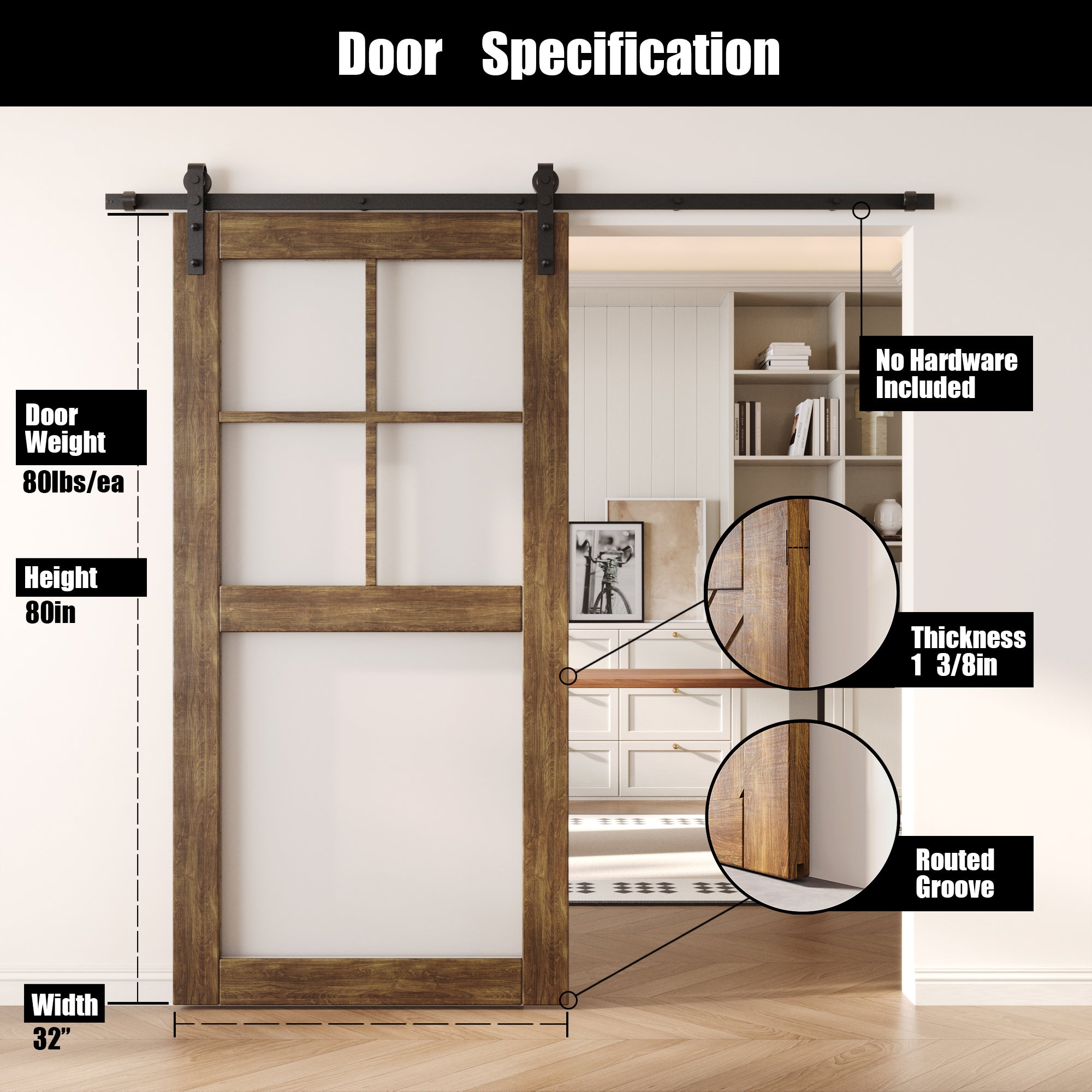 80" Height Dark Walnut 5-Lite Frosted Glass Unassembled & Finished Pine Wood Barn Door (Interior Use Only)
