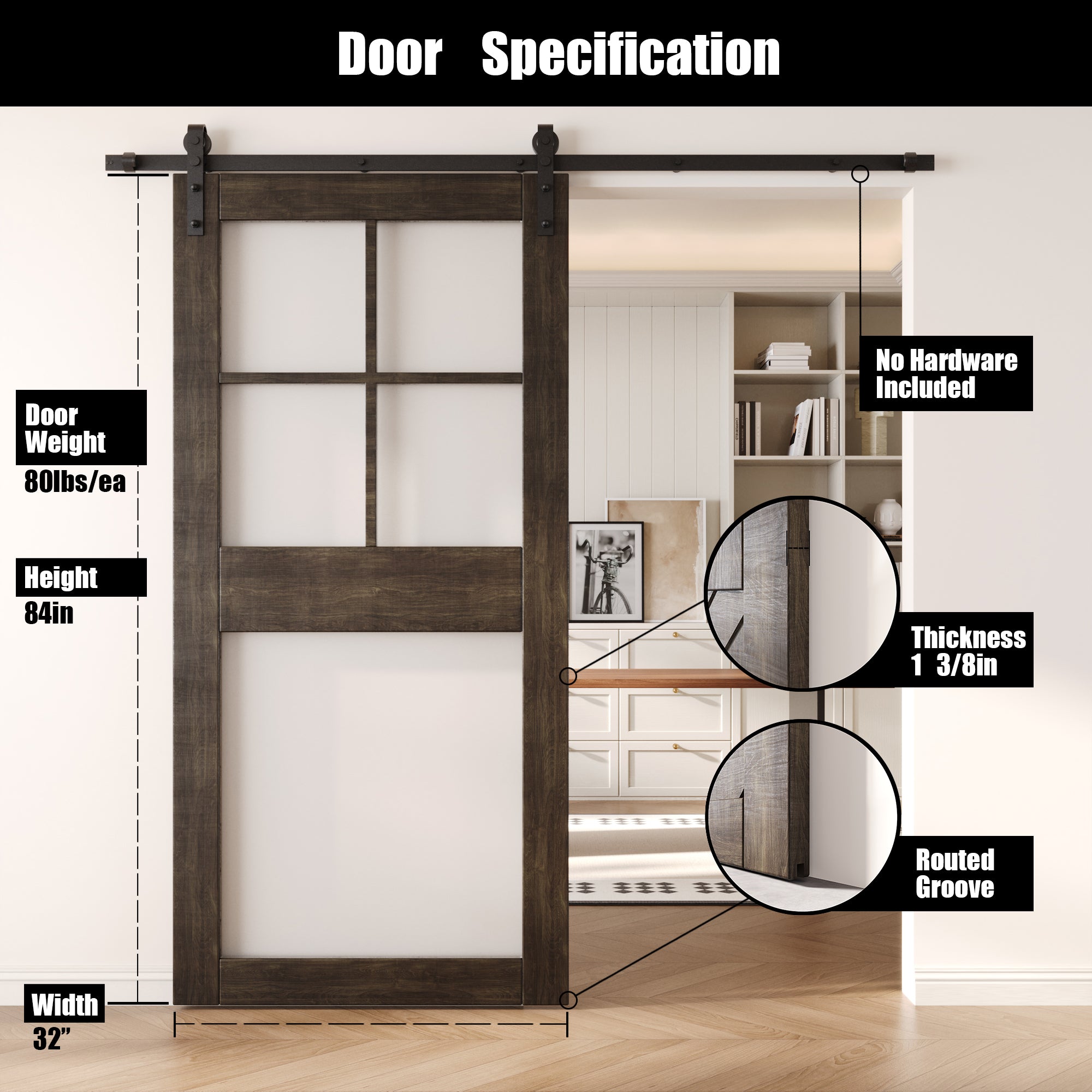 84" Height Ebony 5-Lite Frosted Glass Unassembled & Finished Pine Wood Barn Door (Interior Use Only)