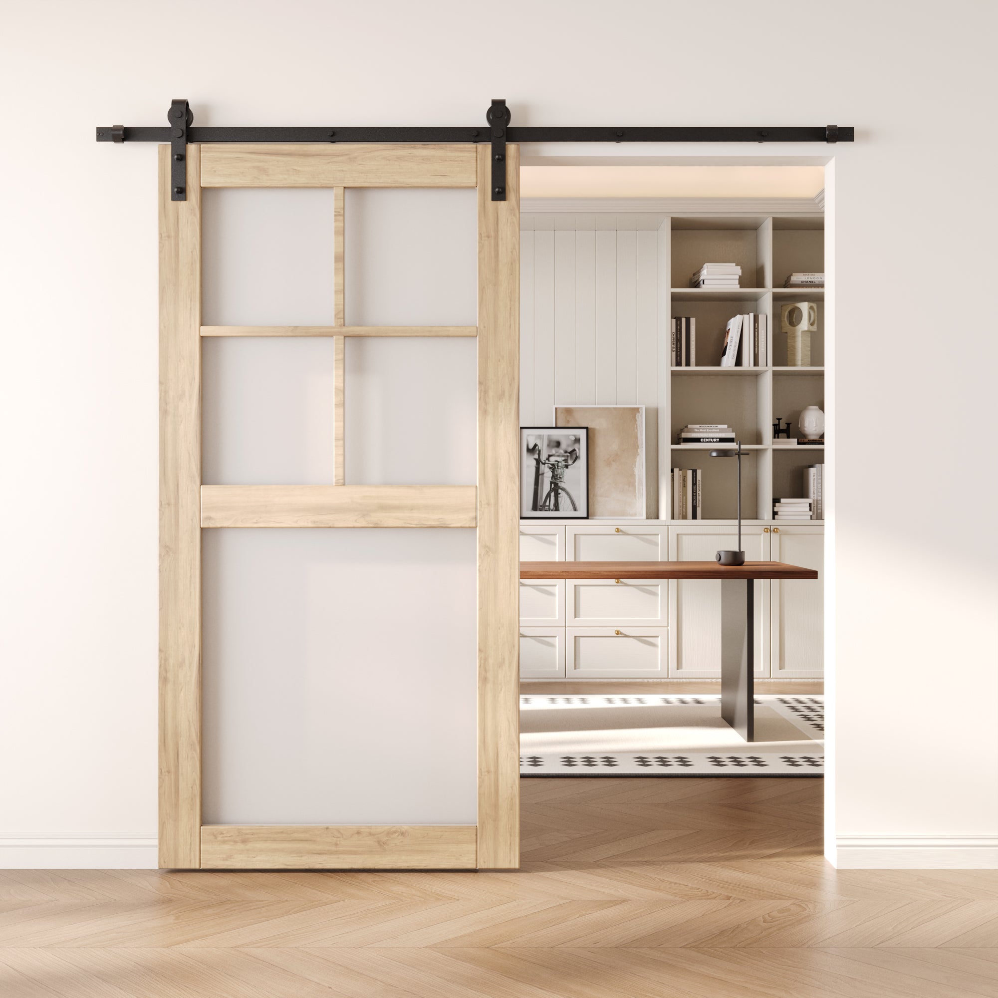 80" Height 5-Lite Frosted Glass Unassembled & Unfinished Pine Wood Barn Door (Interior Use Only)