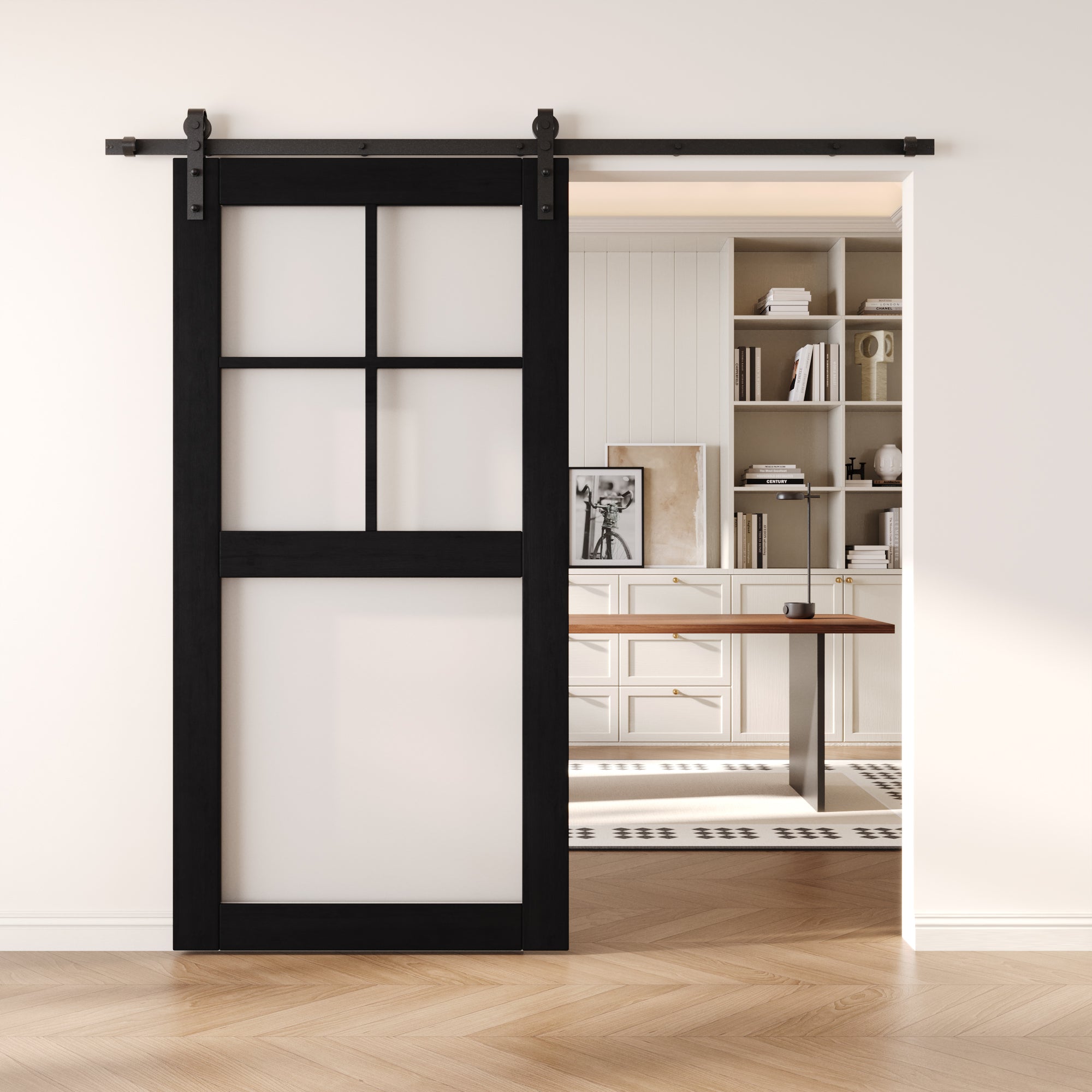 80" Height Black 5-Lite Frosted Glass Unassembled & Finished Pine Wood Barn Door (Interior Use Only)