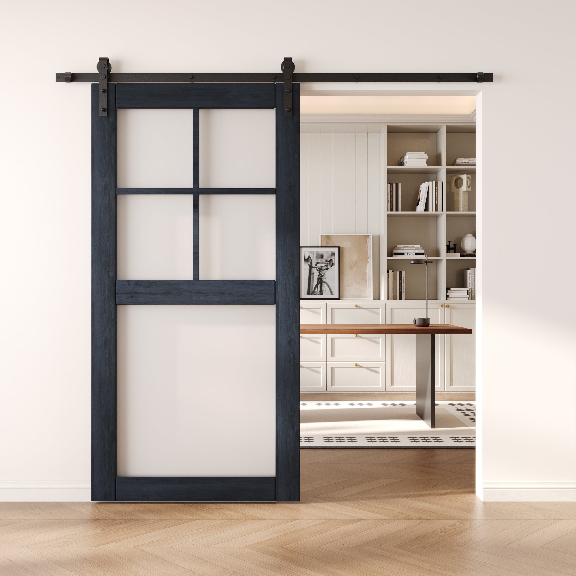 80" Height Navy 5-Lite Frosted Glass Unassembled & Finished Pine Wood Barn Door (Interior Use Only)