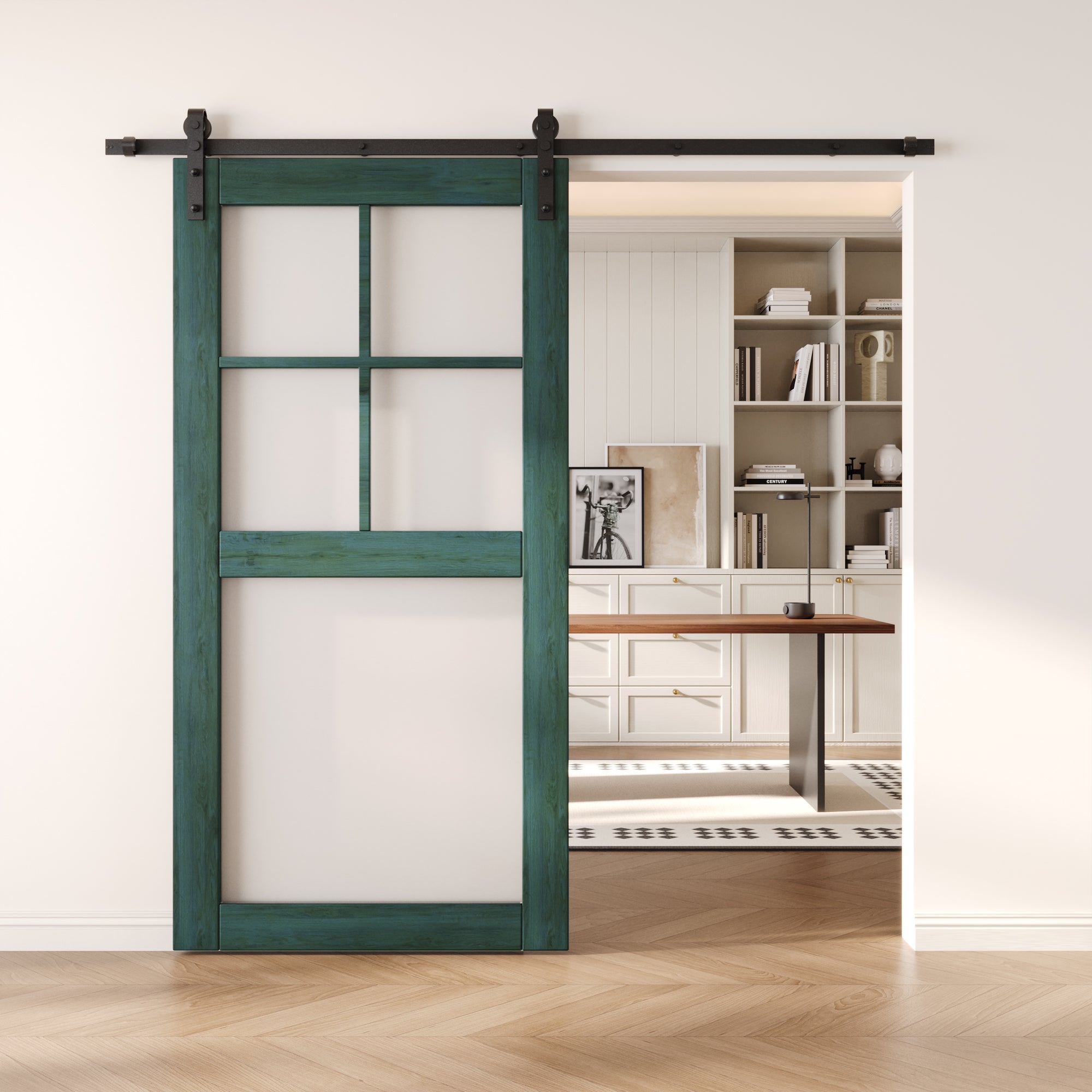 80" Height Royal Pine 5-Lite Frosted Glass Unassembled & Finished Pine Wood Barn Door (Interior Use Only)