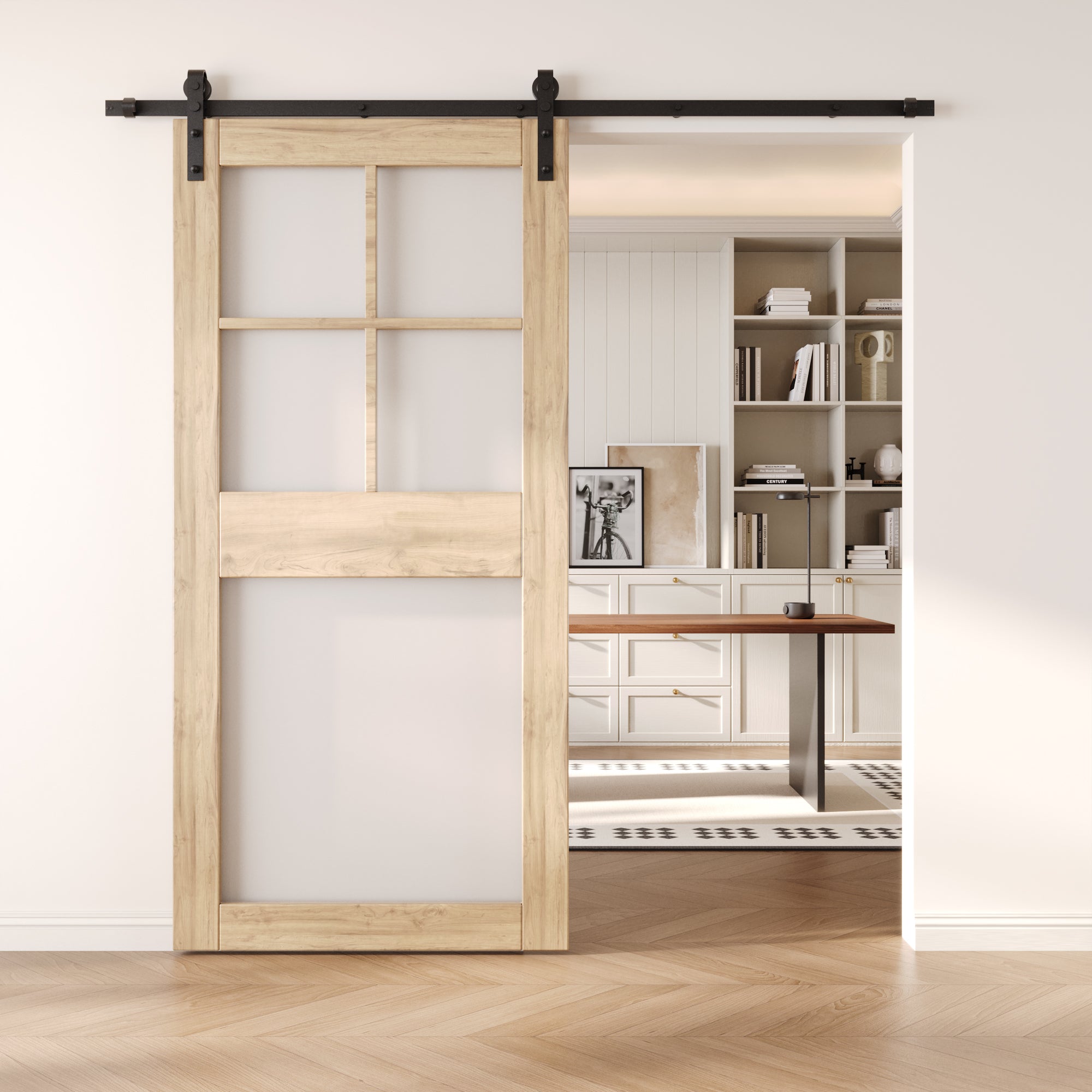 84" Height 5-Lite Frosted Glass Unassembled & Unfinished Pine Wood Barn Door (Interior Use Only)