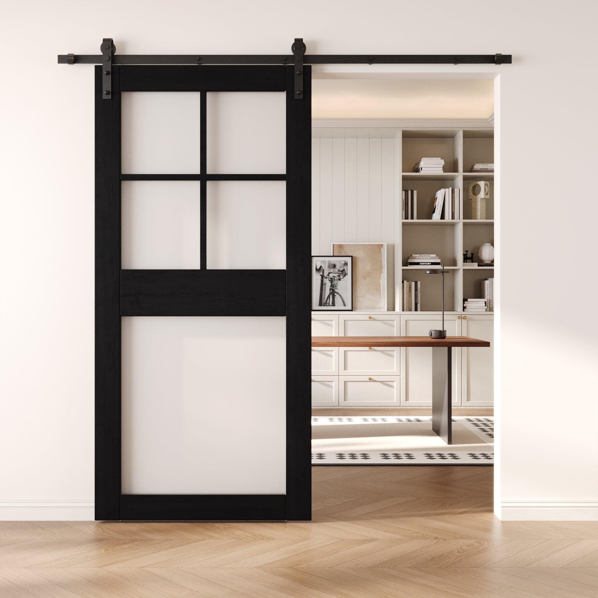 84" Height Black 5-Lite Frosted Glass Unassembled & Finished Pine Wood Barn Door (Interior Use Only)