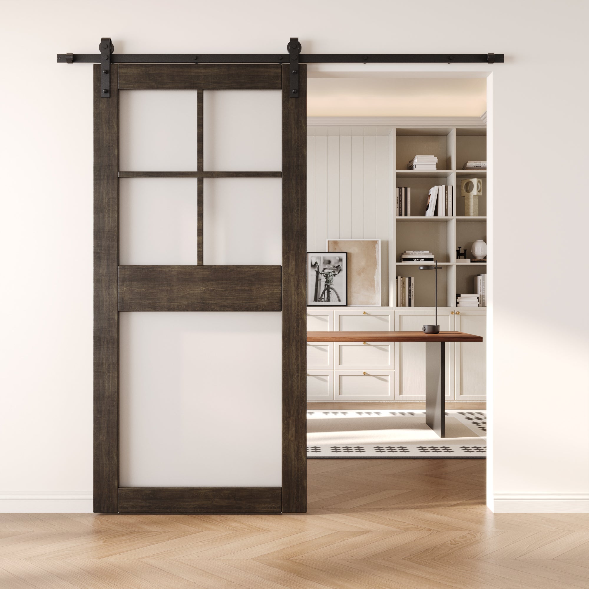 84" Height Ebony 5-Lite Frosted Glass Unassembled & Finished Pine Wood Barn Door (Interior Use Only)
