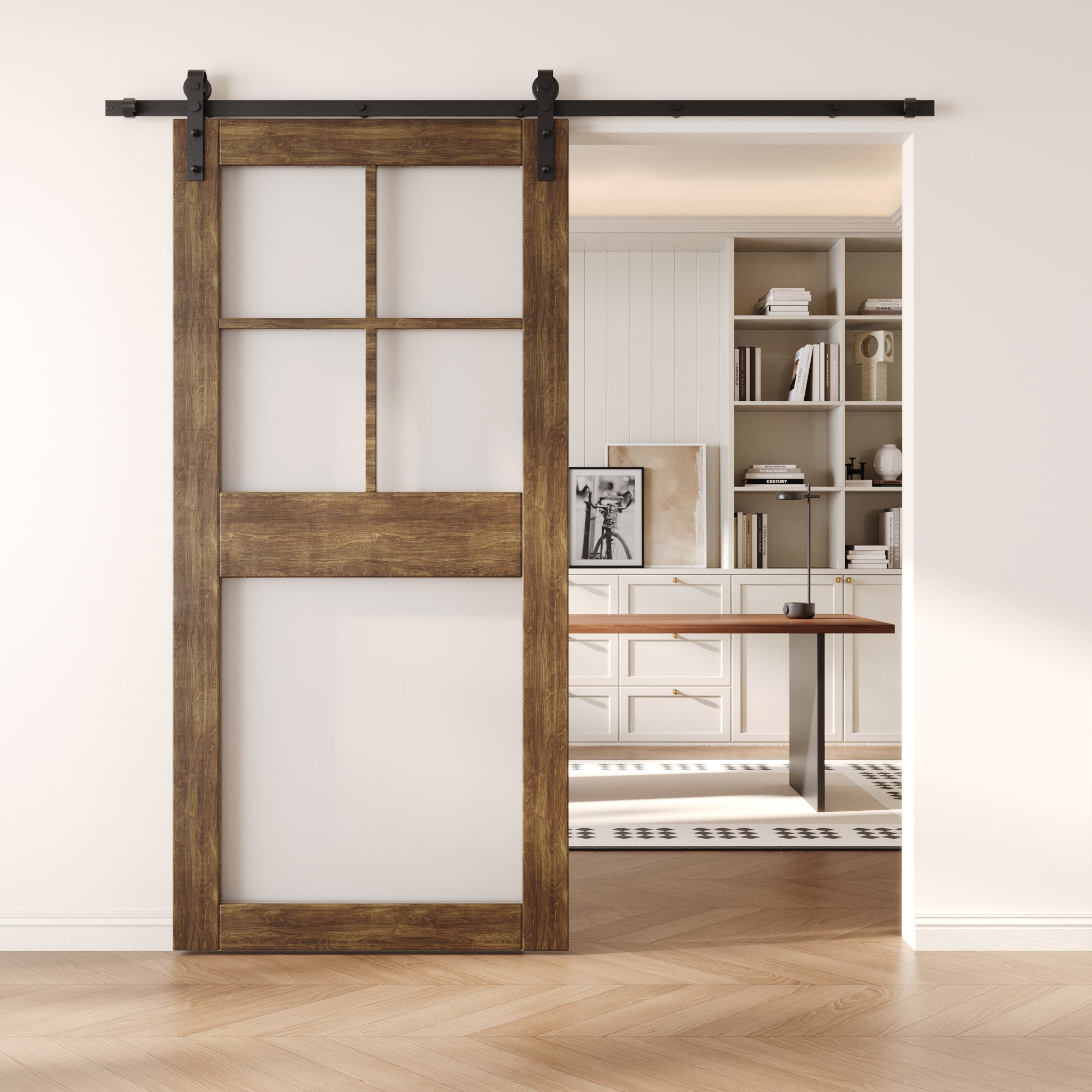 84" Height Dark Walnut 5-Lite Frosted Glass Unassembled & Finished Pine Wood Barn Door (Interior Use Only)