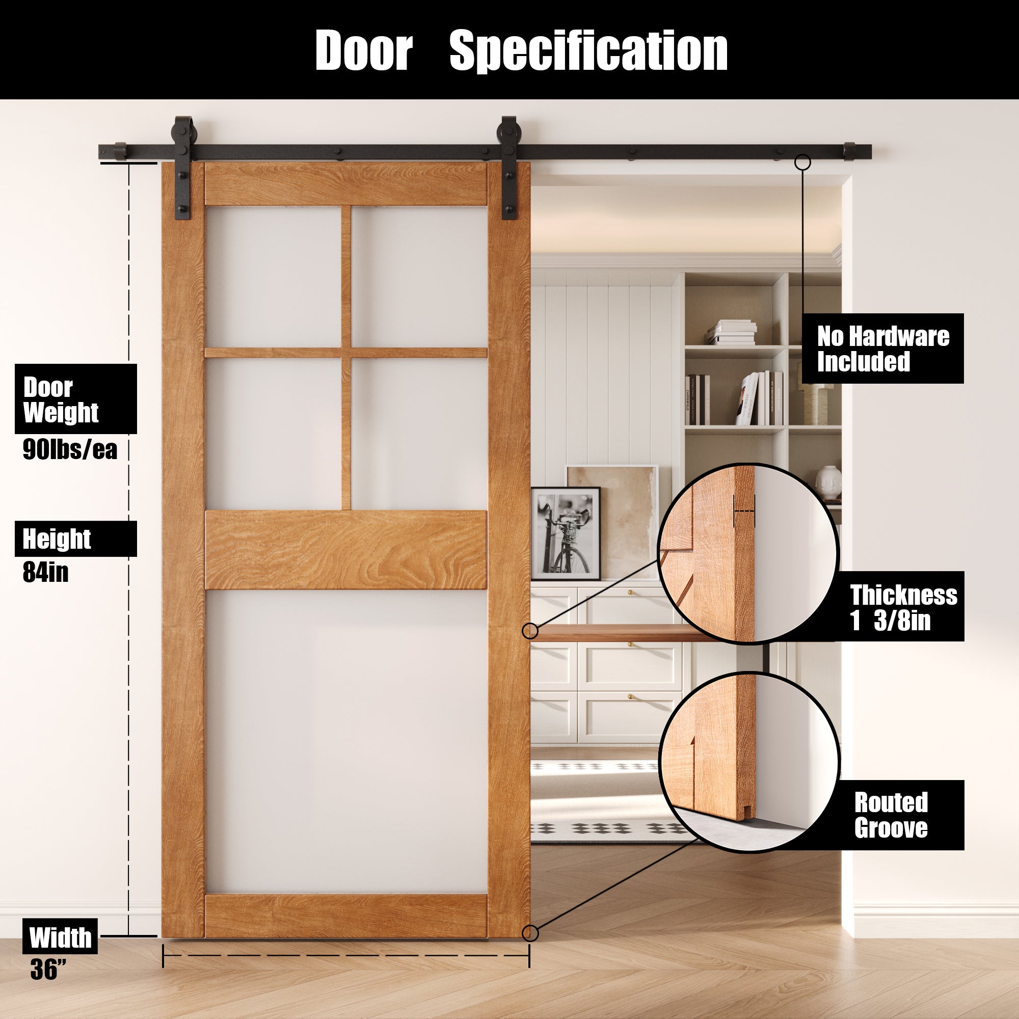 84" Height Early American 5-Lite Frosted Glass Unassembled & Finished Pine Wood Barn Door (Interior Use Only)