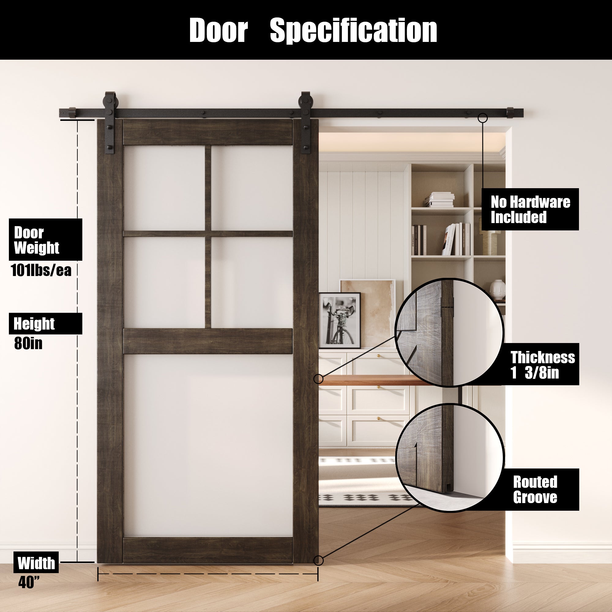 80" Height Ebony 5-Lite Frosted Glass Unassembled & Finished Pine Wood Barn Door (Interior Use Only)