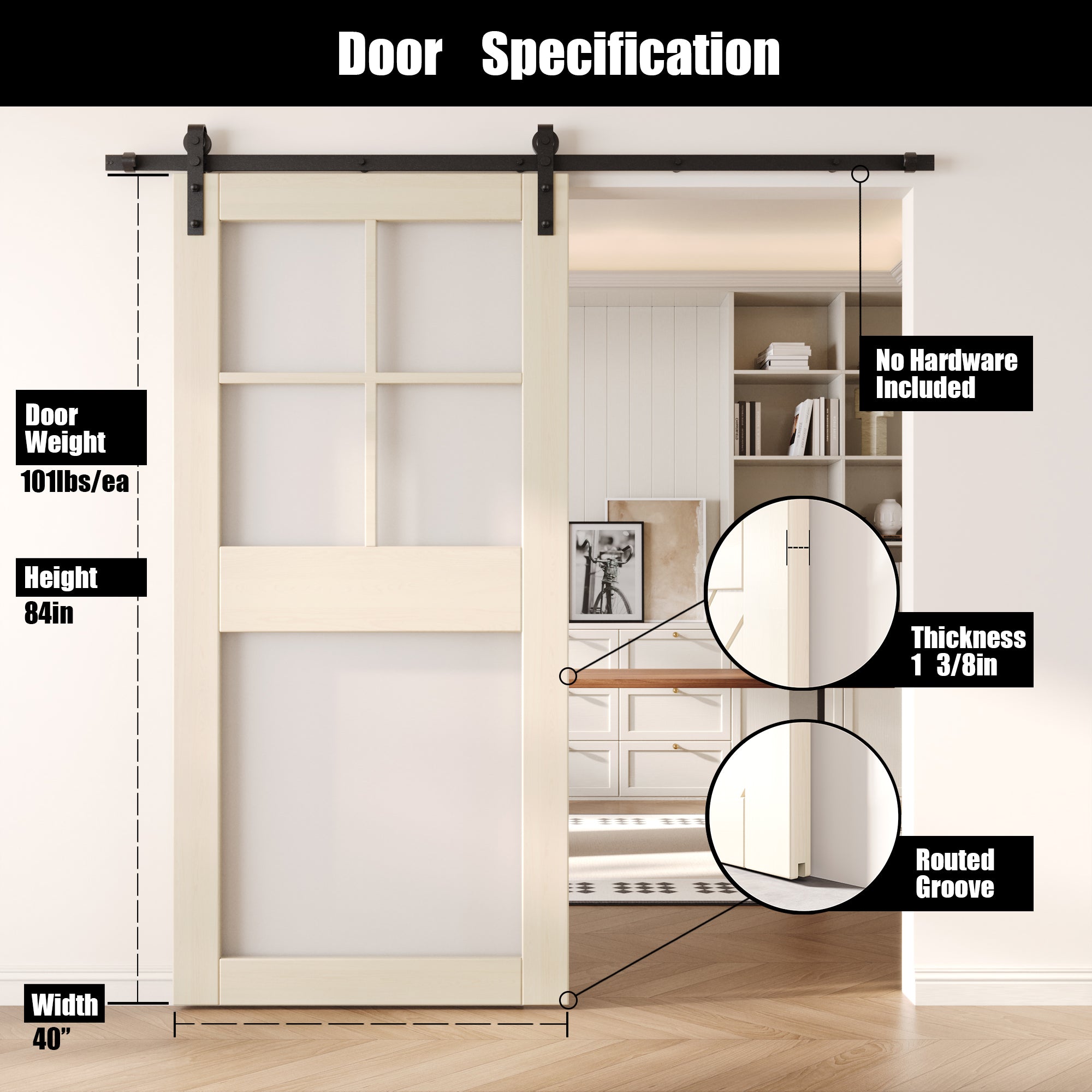 84" Height Tinsmith Gray 5-Lite Frosted Glass Unassembled & Finished Pine Wood Barn Door (Interior Use Only)