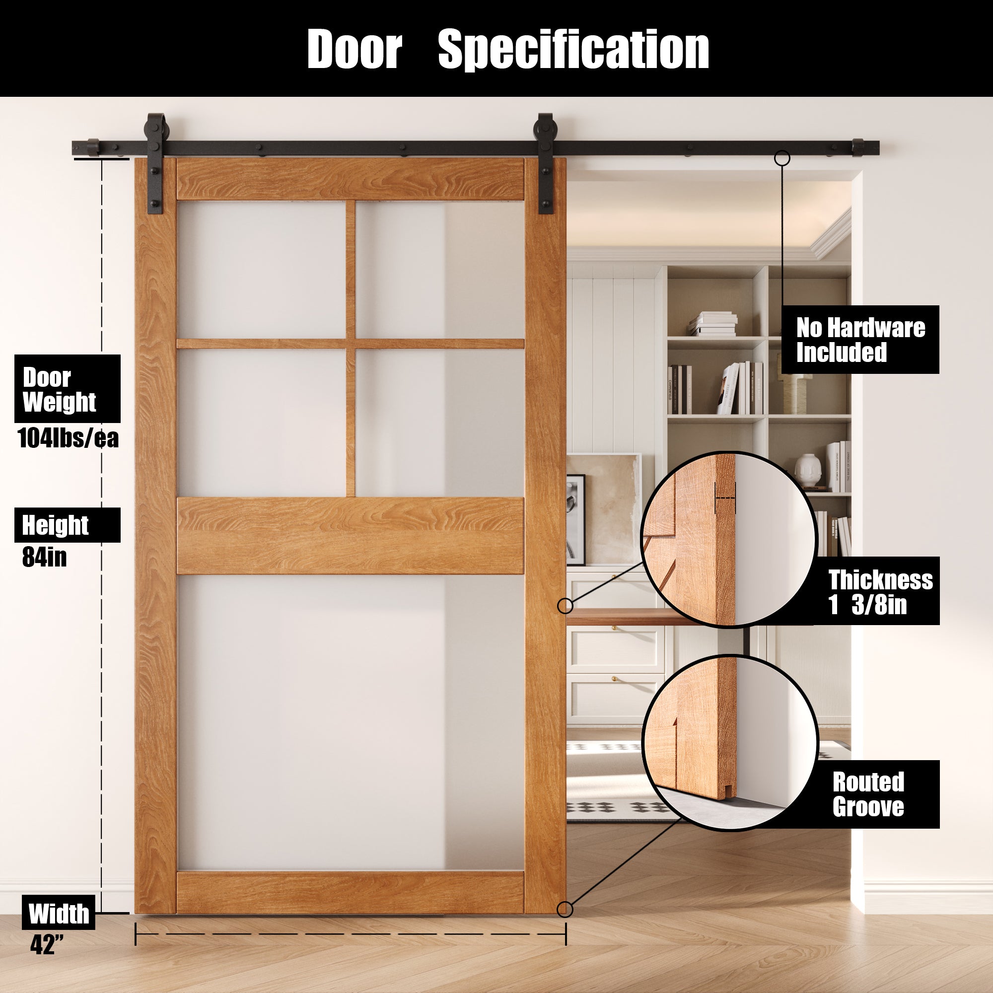 84" Height Early American 5-Lite Frosted Glass Unassembled & Finished Pine Wood Barn Door (Interior Use Only)