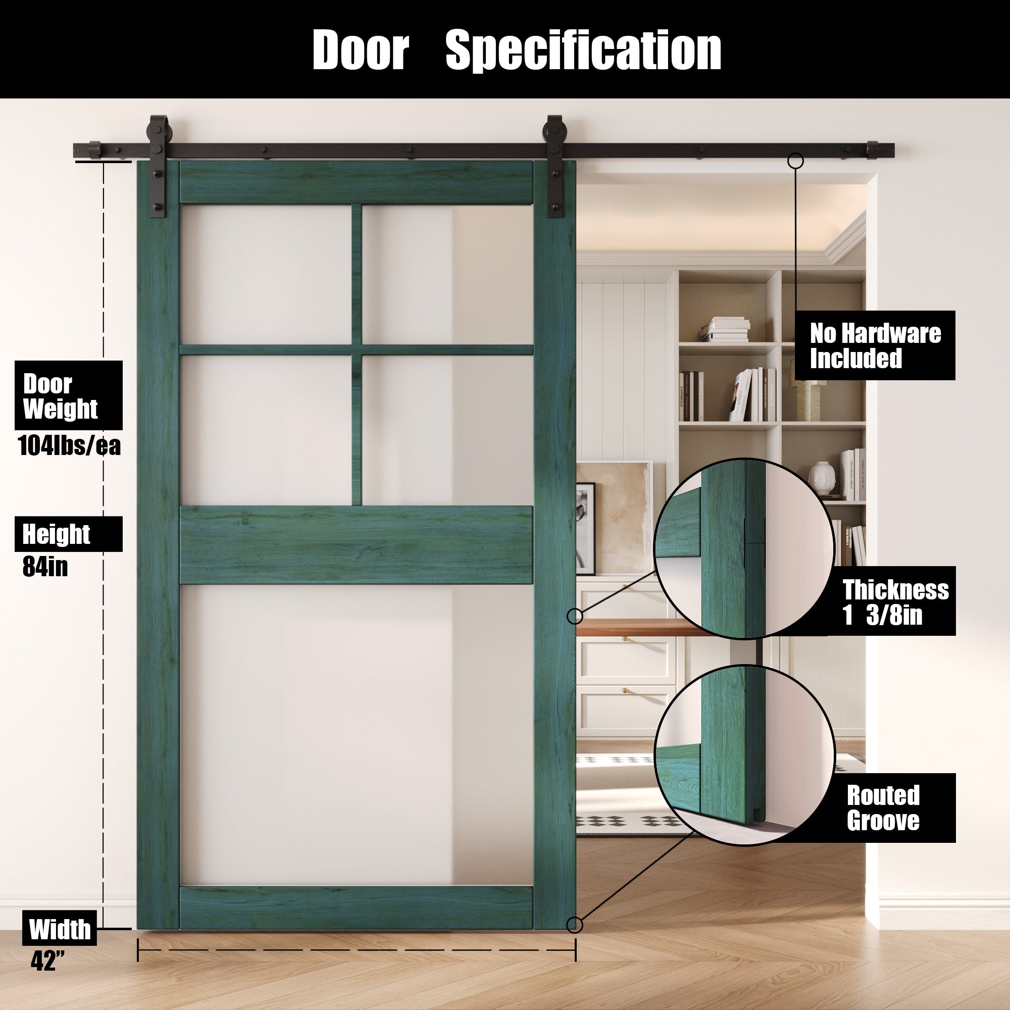 84" Height Royal Pine 5-Lite Frosted Glass Unassembled & Finished Pine Wood Barn Door (Interior Use Only)