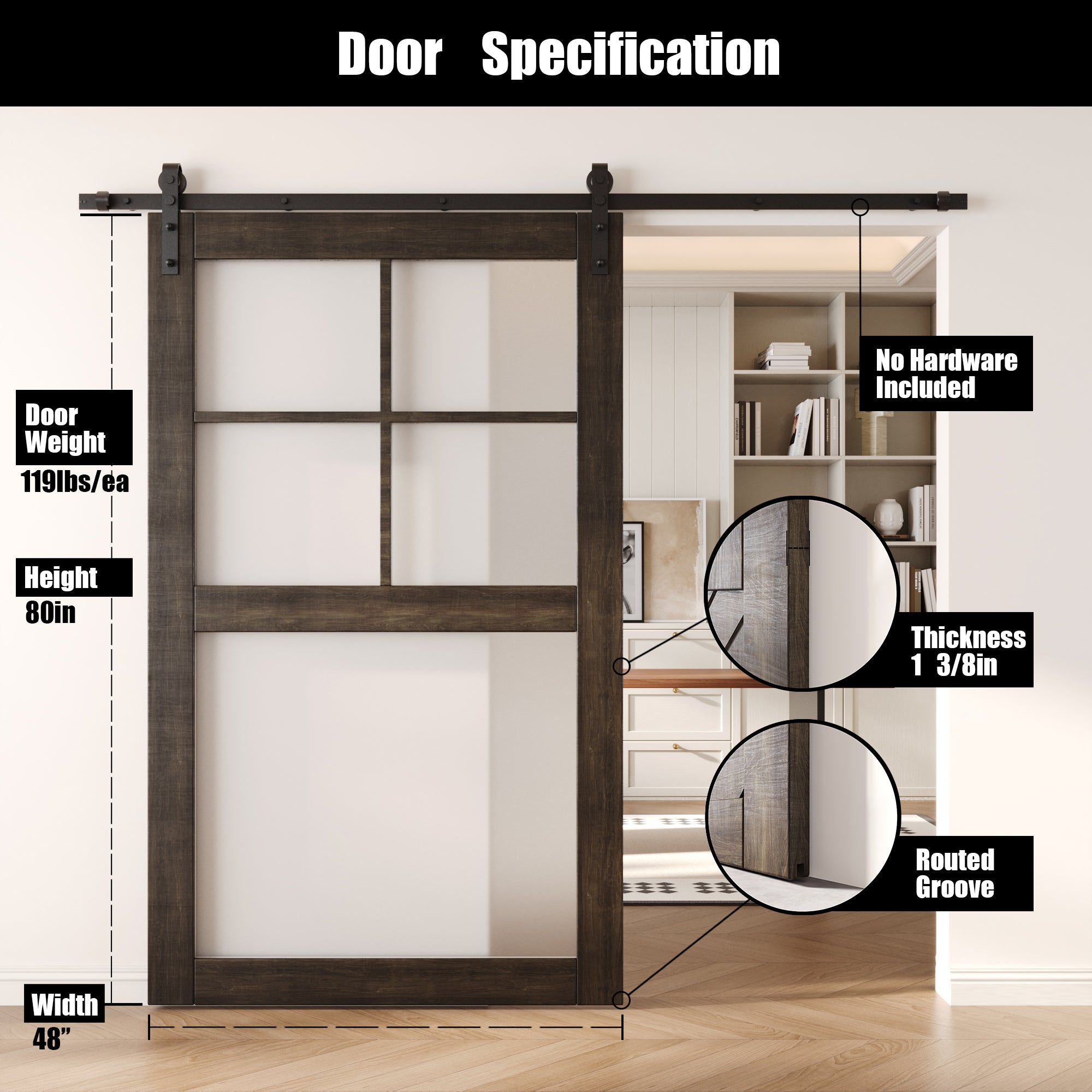 80" Height Ebony 5-Lite Frosted Glass Unassembled & Finished Pine Wood Barn Door (Interior Use Only)