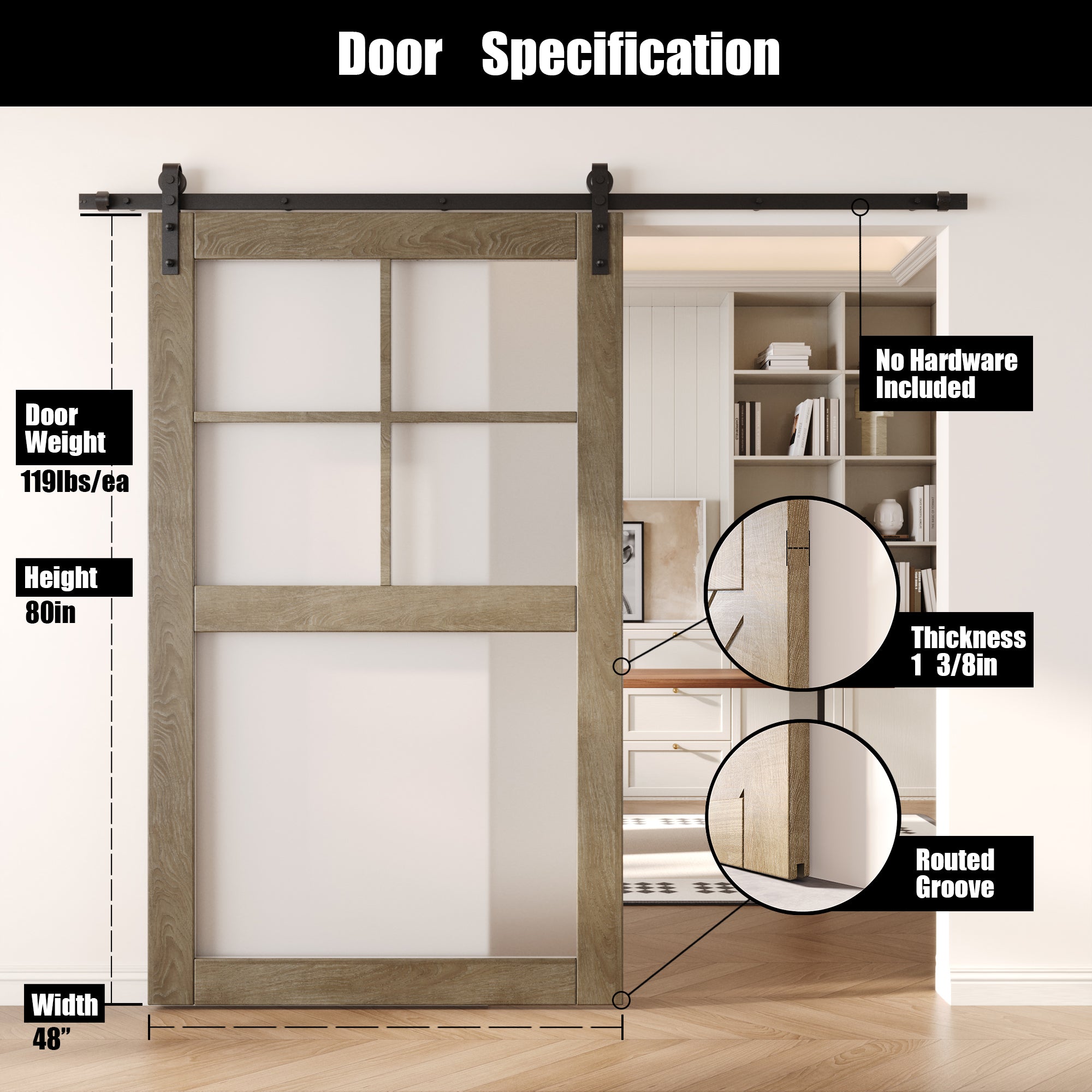 80" Height Classic Gray 5-Lite Frosted Glass Unassembled & Finished Pine Wood Barn Door (Interior Use Only)