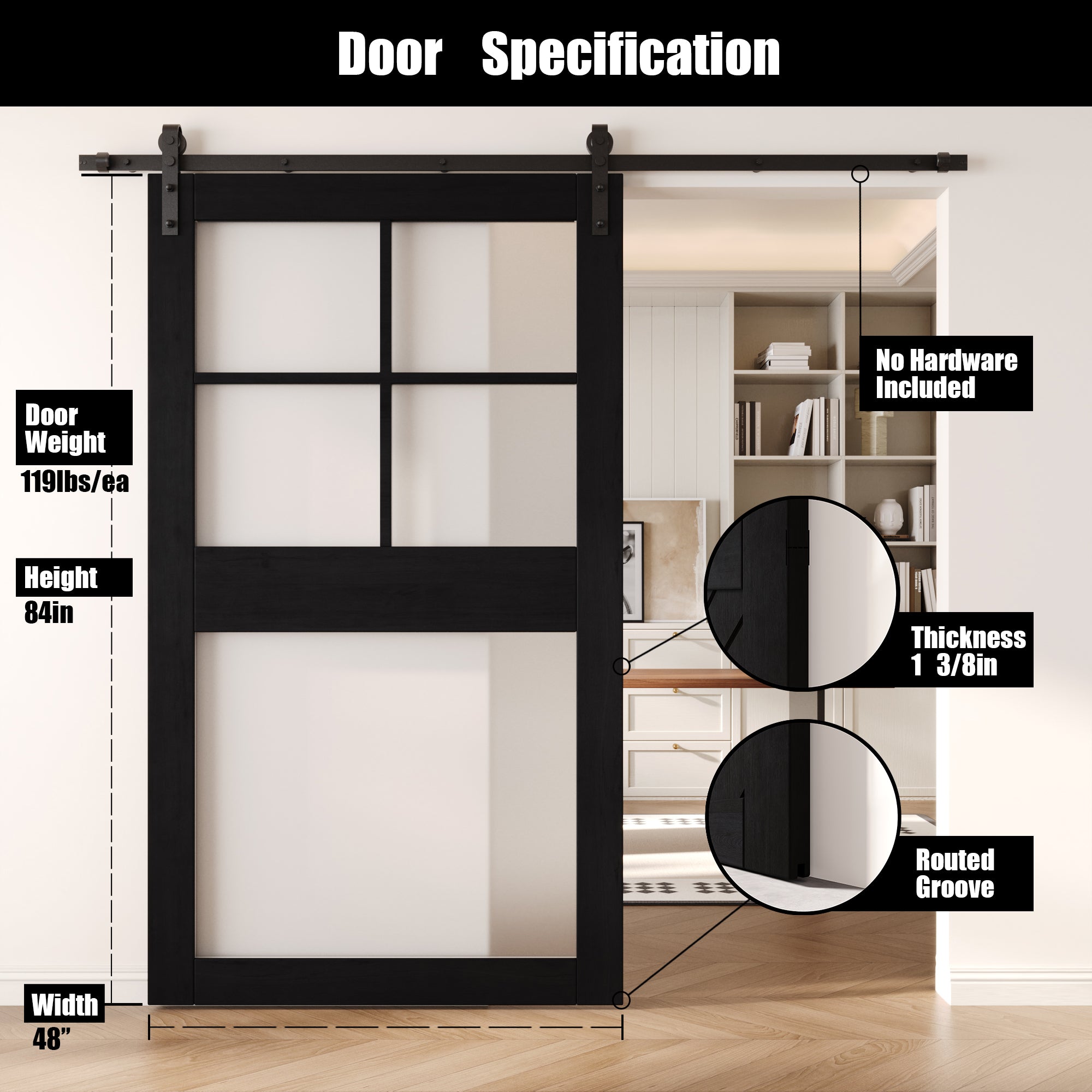 84" Height Black 5-Lite Frosted Glass Unassembled & Finished Pine Wood Barn Door (Interior Use Only)