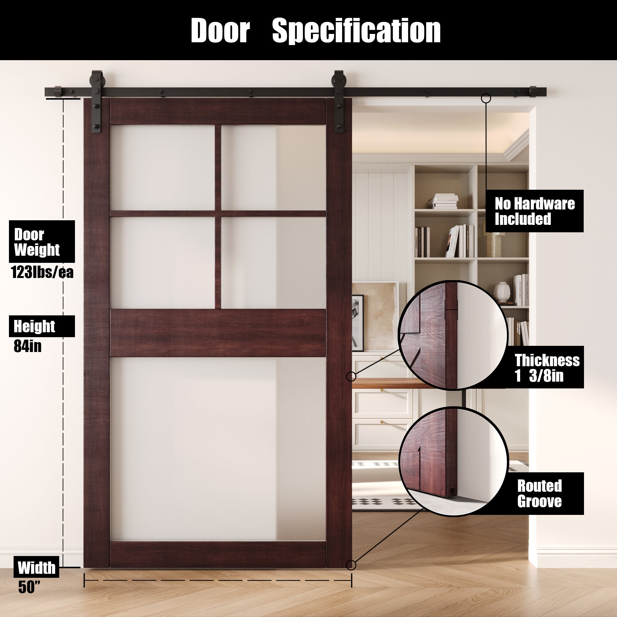 84" Height Red Mahogany 5-Lite Frosted Glass Unassembled & Finished Pine Wood Barn Door (Interior Use Only)