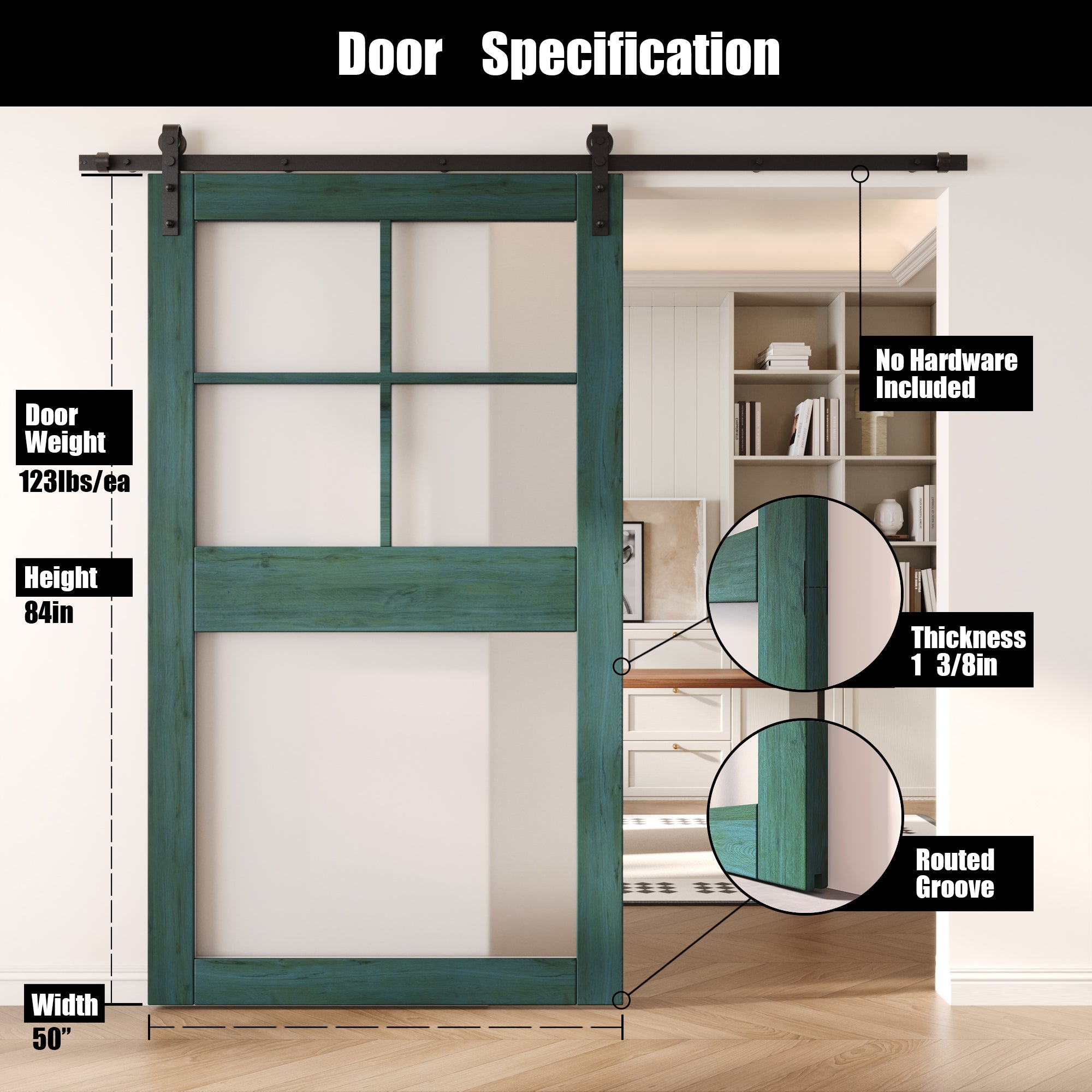 84" Height Royal Pine 5-Lite Frosted Glass Unassembled & Finished Pine Wood Barn Door (Interior Use Only)