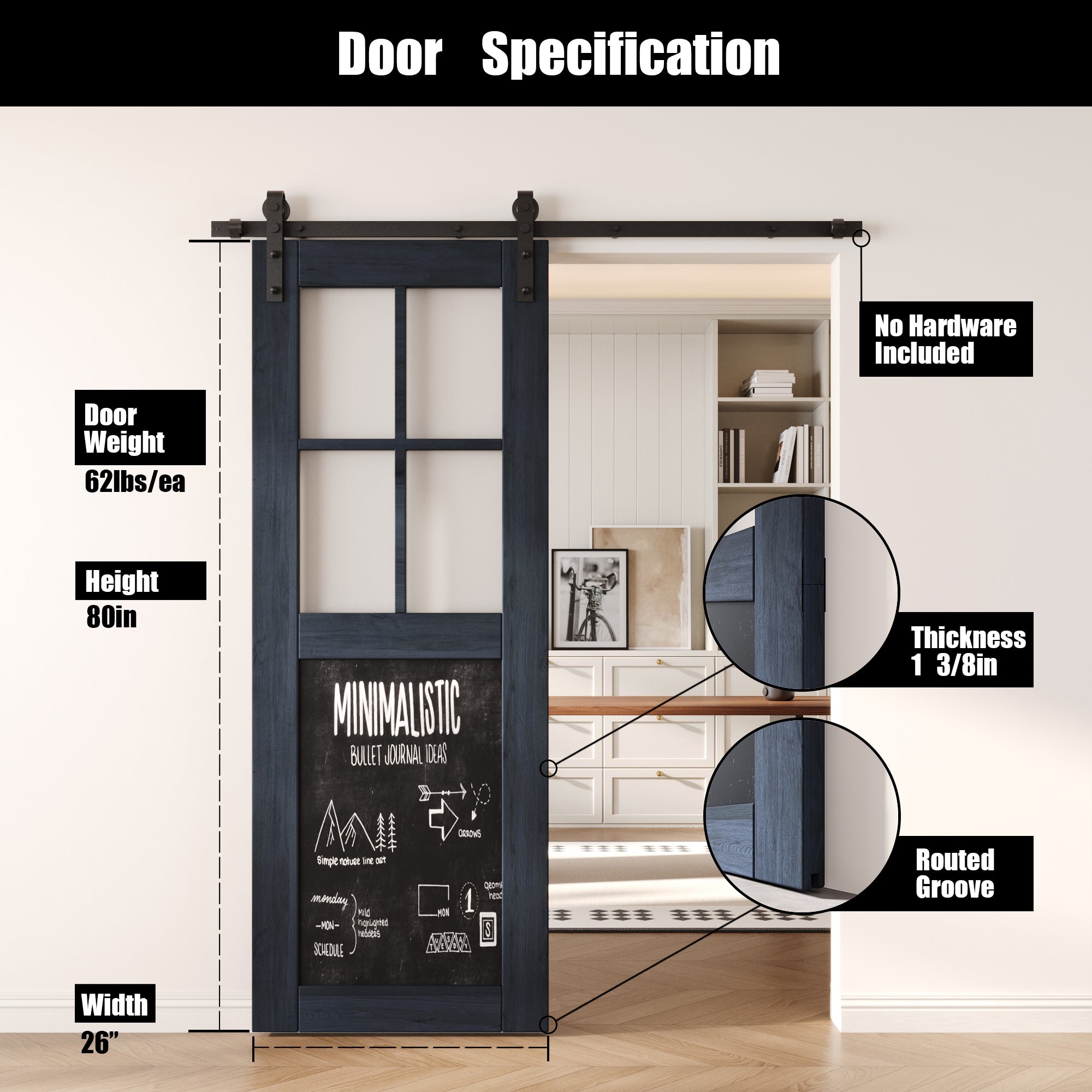 80" Height Navy Half Lite Chalkboard Unassembled & Finished Pine Wood Barn Door (Interior Use Only)