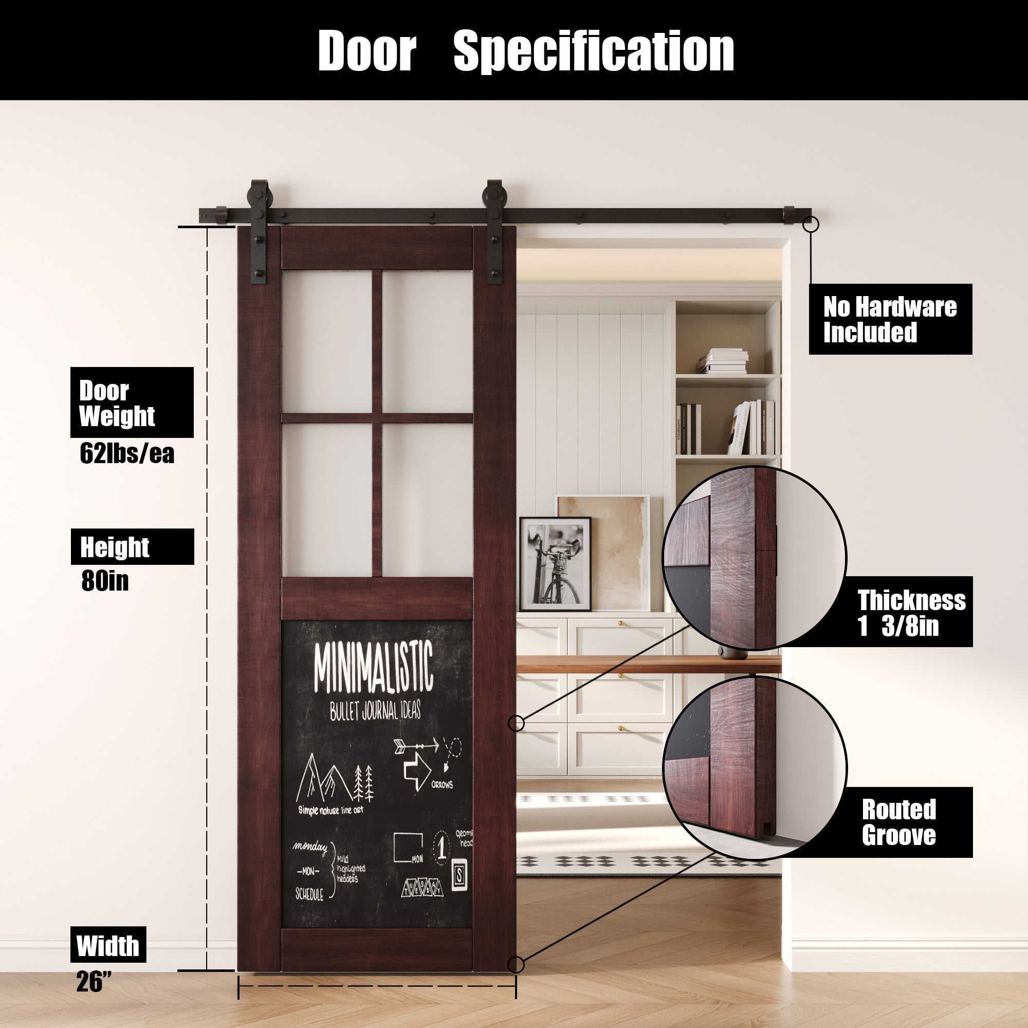 80" Height Red Mahogany Half Lite Chalkboard Unassembled & Finished Pine Wood Barn Door (Interior Use Only)