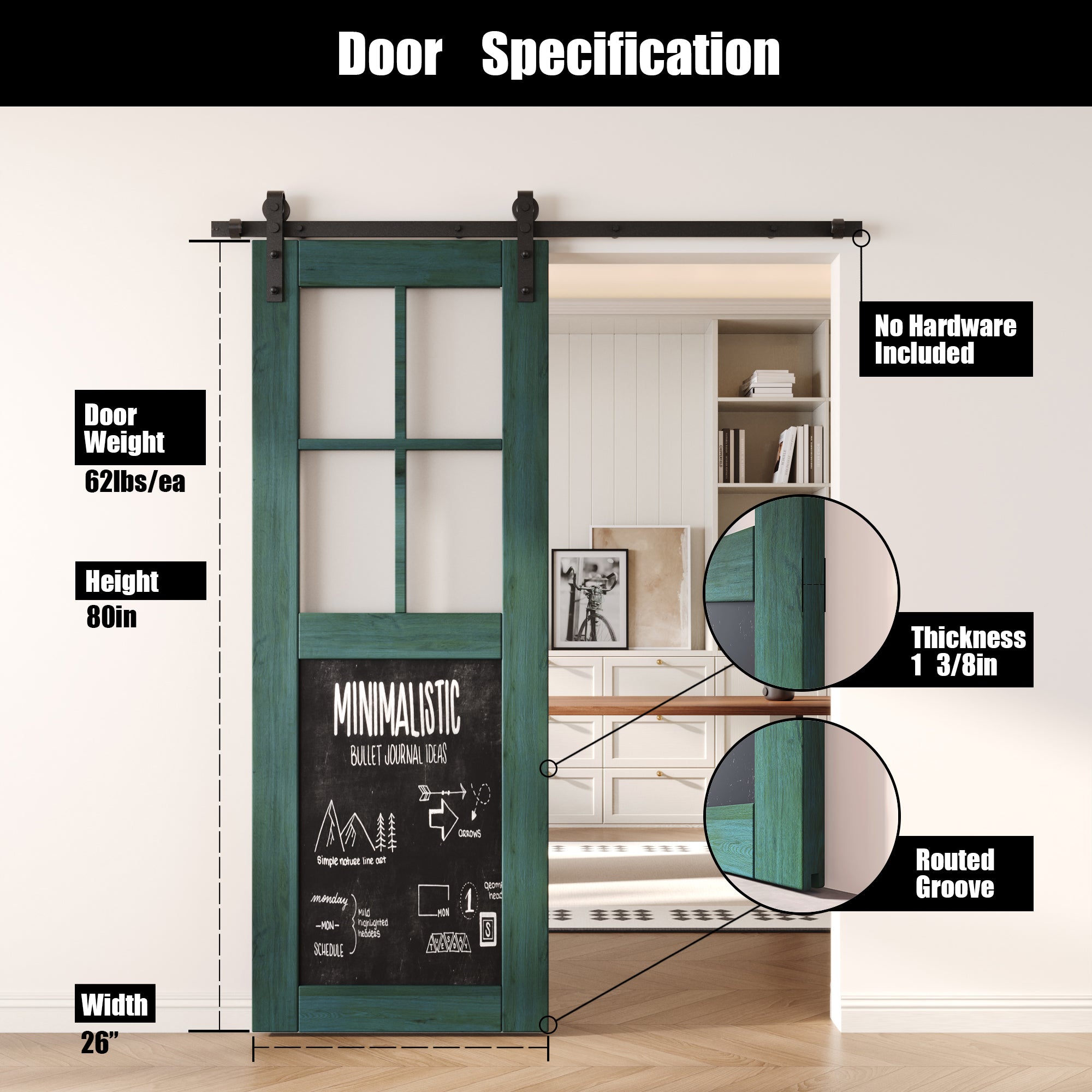 80" Height Royal Pine Half Lite Chalkboard Unassembled & Finished Pine Wood Barn Door (Interior Use Only)