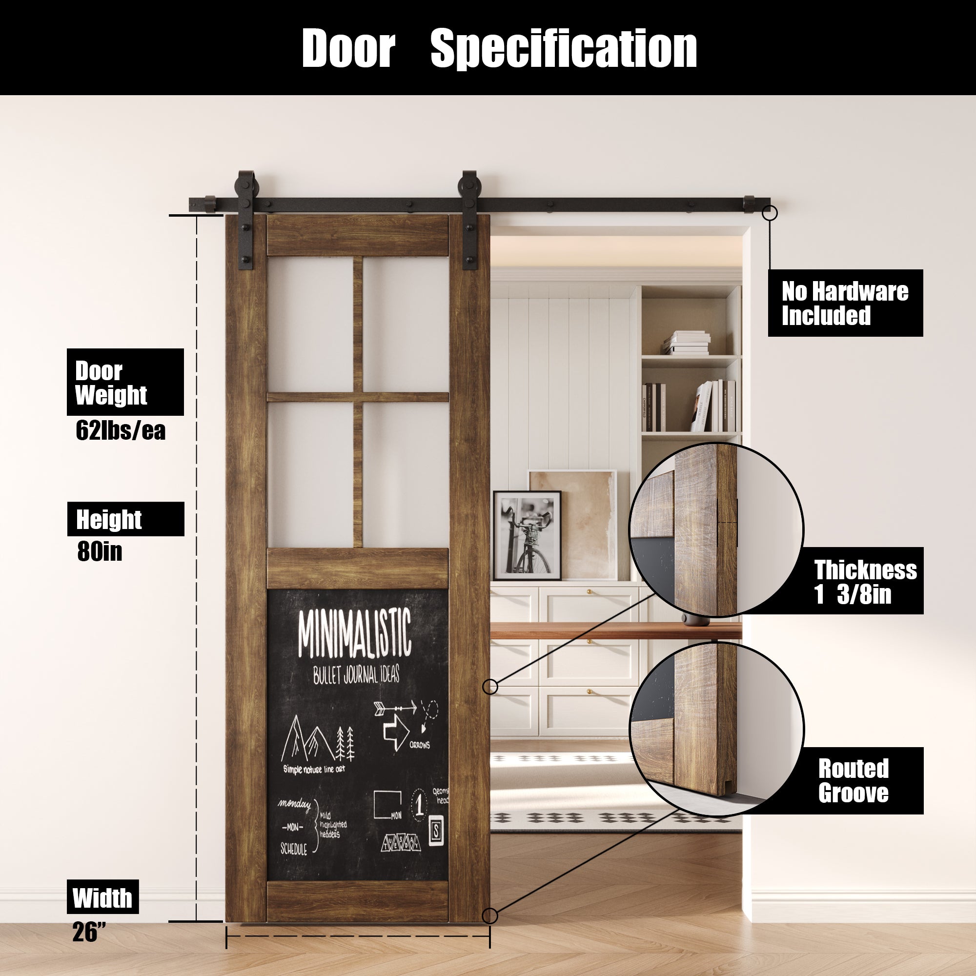 80" Height Dark Walnut Half Lite Chalkboard Unassembled & Finished Pine Wood Barn Door (Interior Use Only)