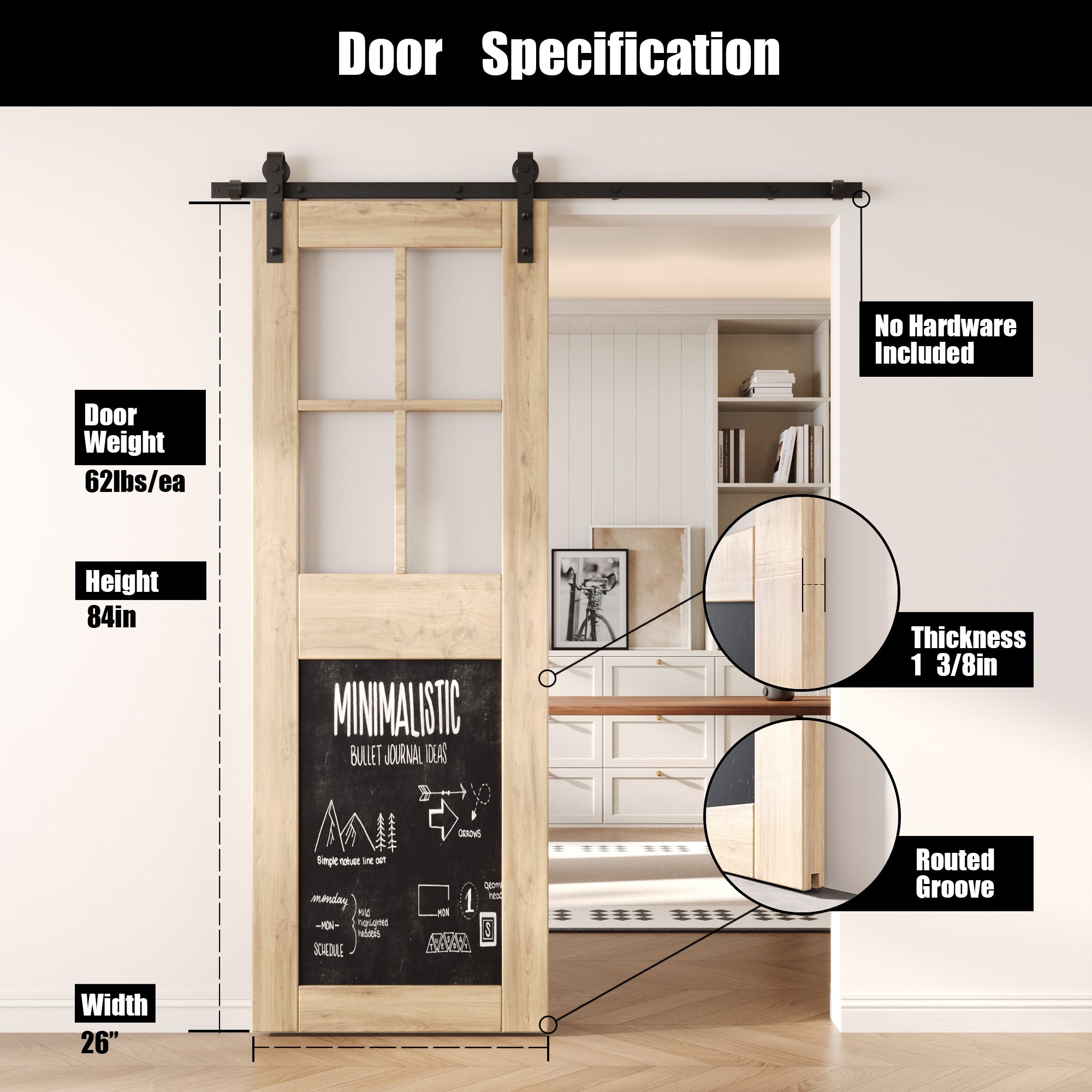 84" Height Half Lite Chalkboard Unassembled & Unfinished Pine Wood Barn Door (Interior Use Only)