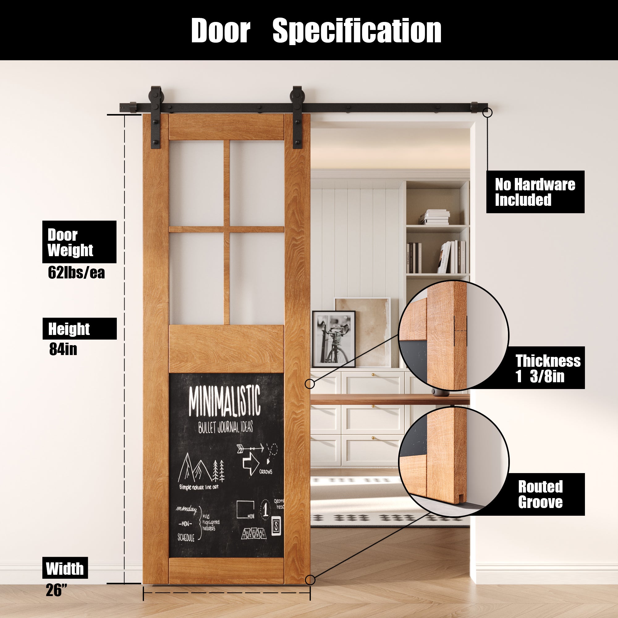 84" Height Early American Half Lite Chalkboard Unassembled & Finished Pine Wood Barn Door (Interior Use Only)