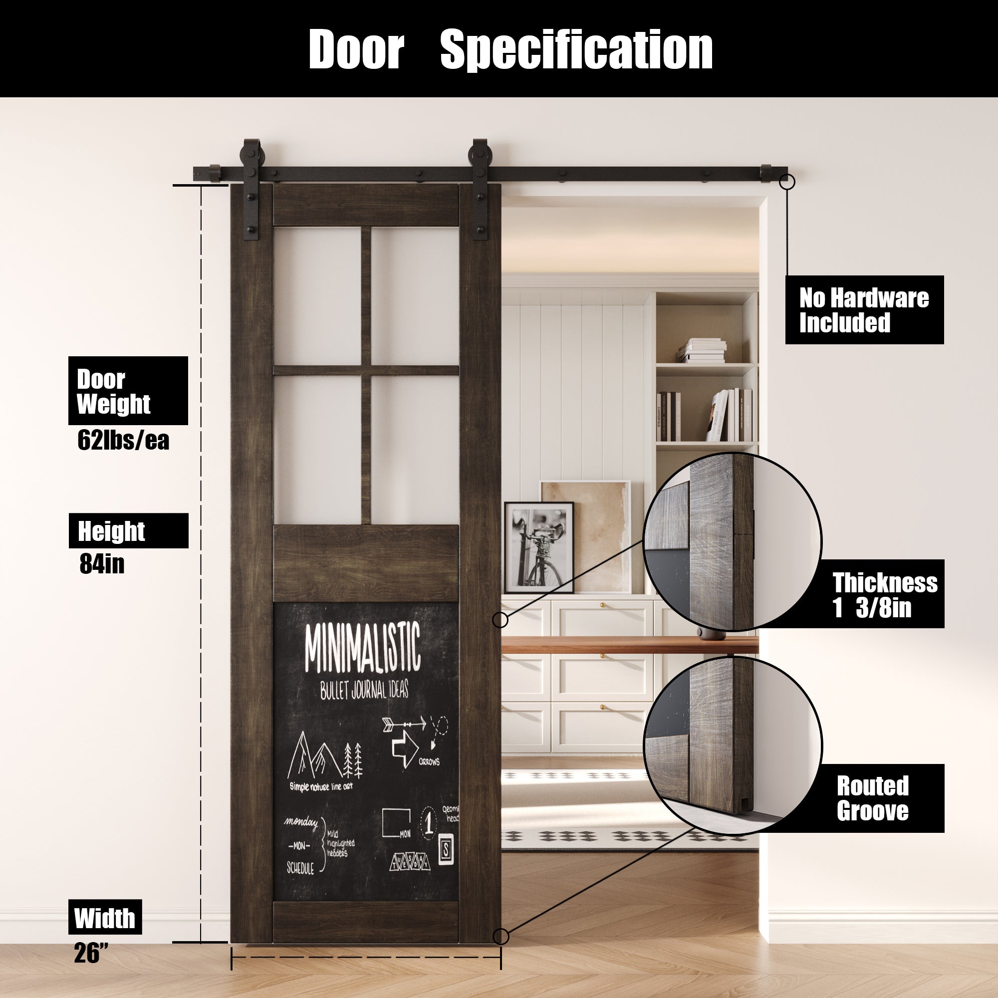 84" Height Ebony Half Lite Chalkboard Unassembled & Finished Pine Wood Barn Door (Interior Use Only)