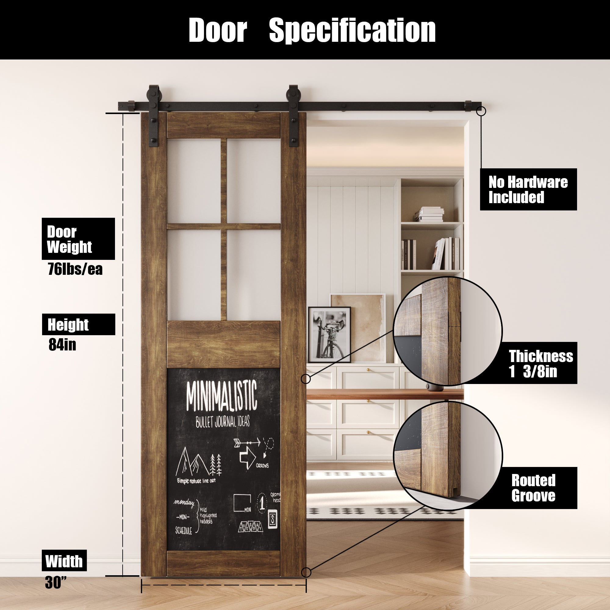 84" Height Dark Walnut Half Lite Chalkboard Unassembled & Finished Pine Wood Barn Door (Interior Use Only)
