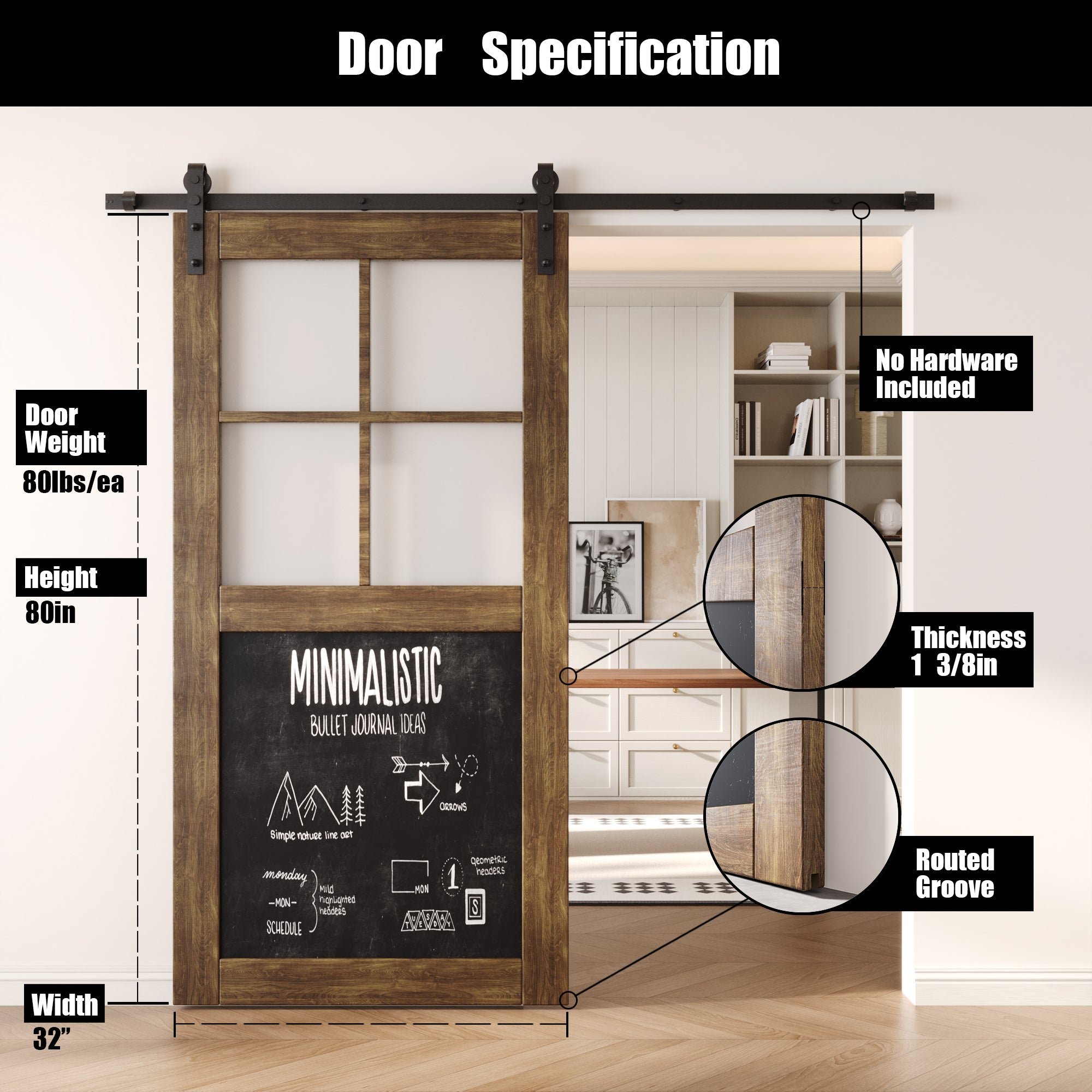 80" Height Dark Walnut Half Lite Chalkboard Unassembled & Finished Pine Wood Barn Door (Interior Use Only)