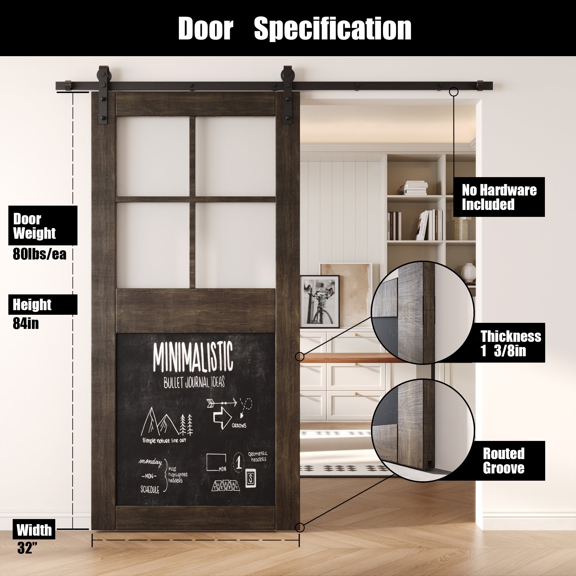 84" Height Ebony Half Lite Chalkboard Unassembled & Finished Pine Wood Barn Door (Interior Use Only)