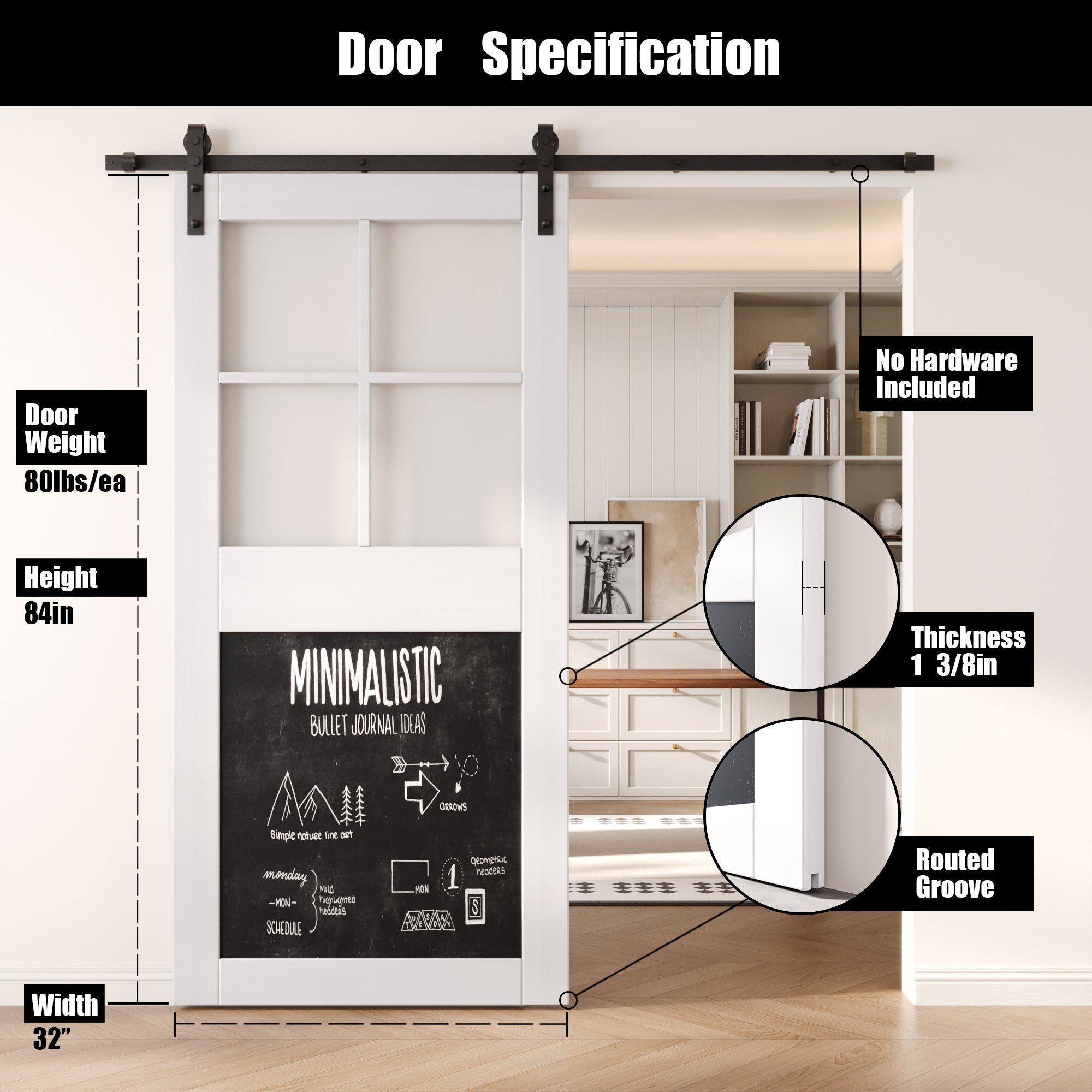 84" Height White Half Lite Chalkboard Unassembled & Finished Pine Wood Barn Door (Interior Use Only)