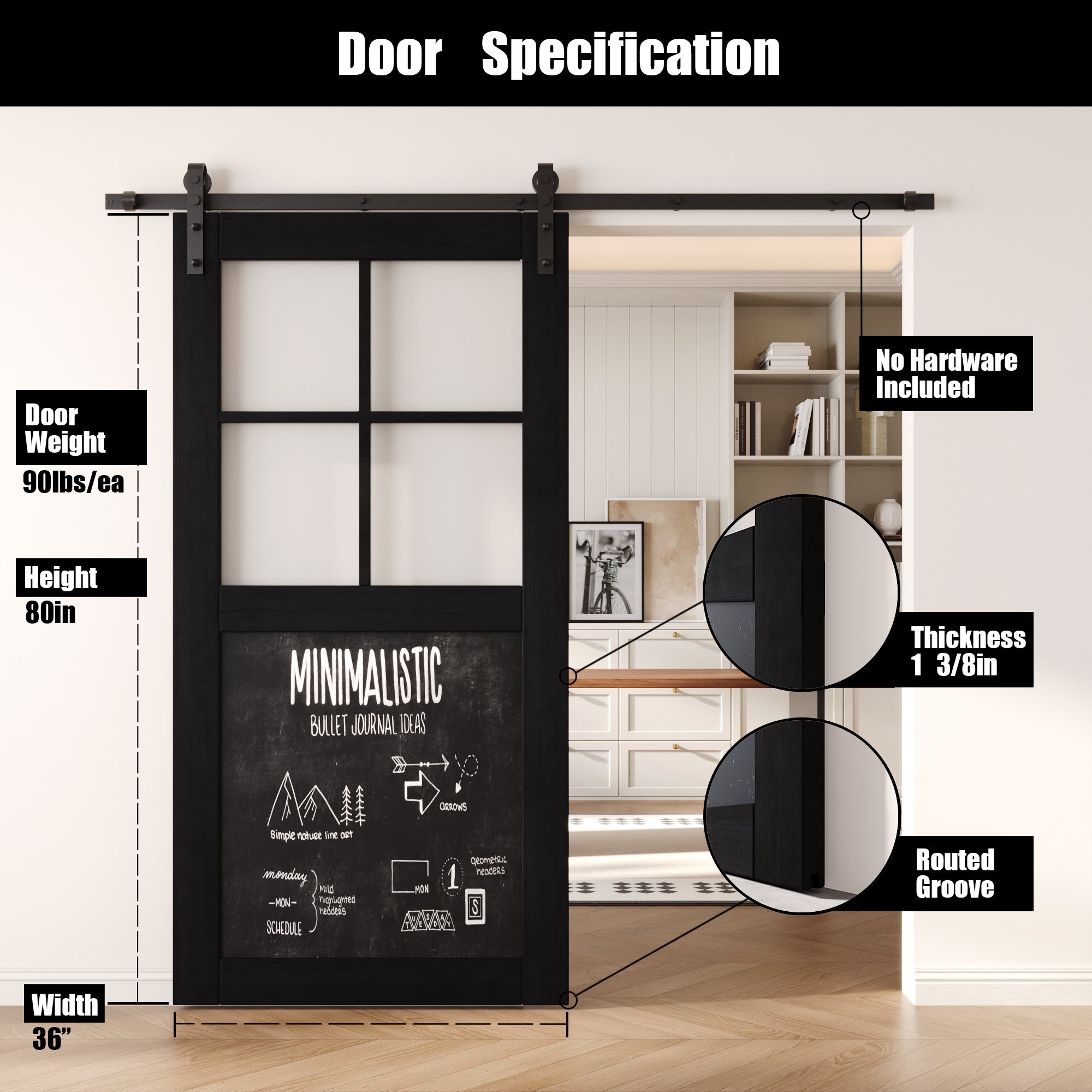 80" Height Black Half Lite Chalkboard Unassembled & Finished Pine Wood Barn Door (Interior Use Only)