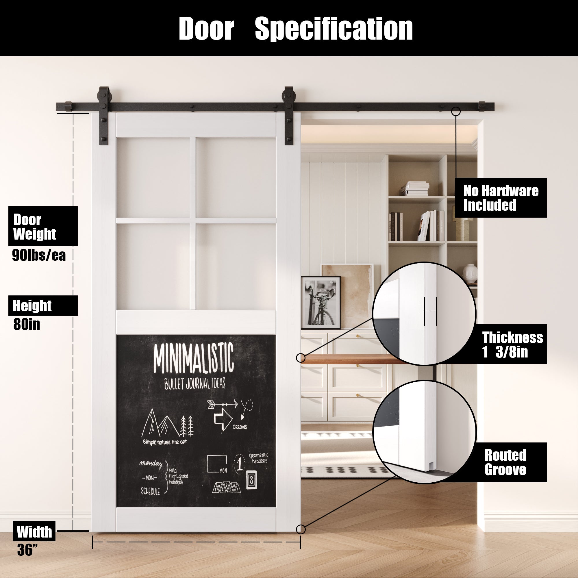 80" Height White Half Lite Chalkboard Unassembled & Finished Pine Wood Barn Door (Interior Use Only)