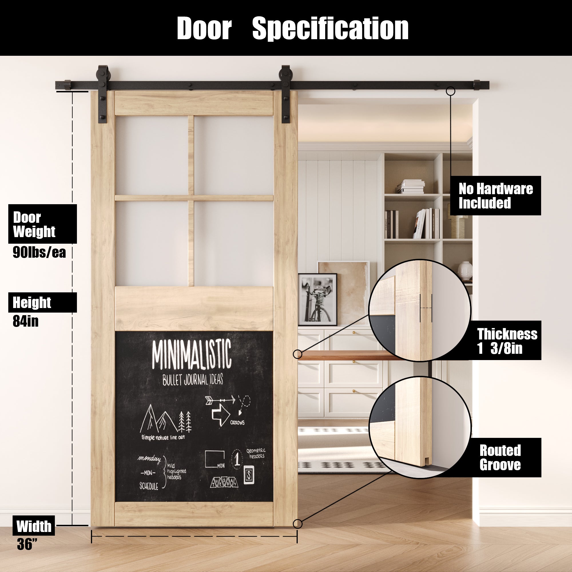 84" Height Half Lite Chalkboard Unassembled & Unfinished Pine Wood Barn Door (Interior Use Only)