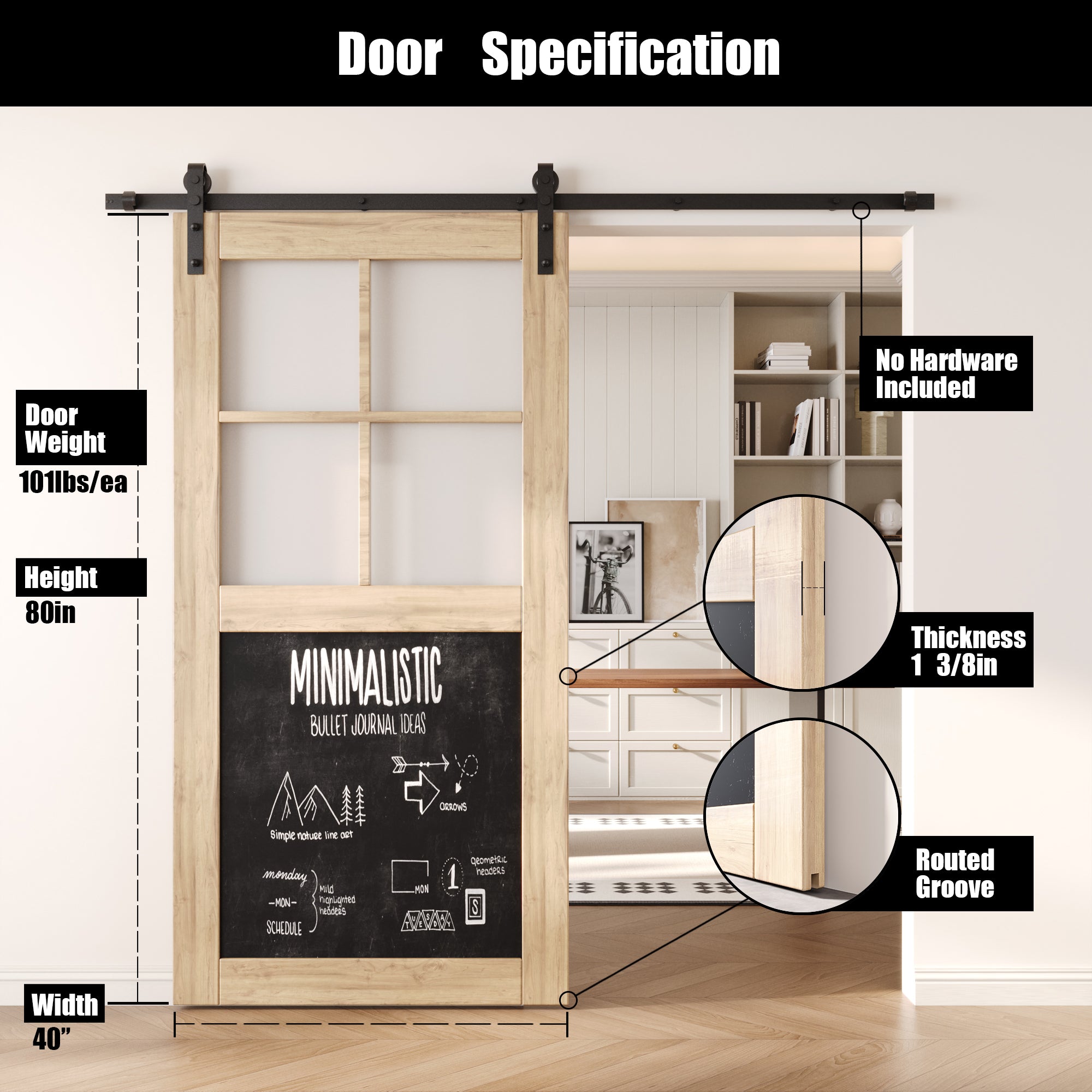 80" Height Half Lite Chalkboard Unassembled & Unfinished Pine Wood Barn Door (Interior Use Only)