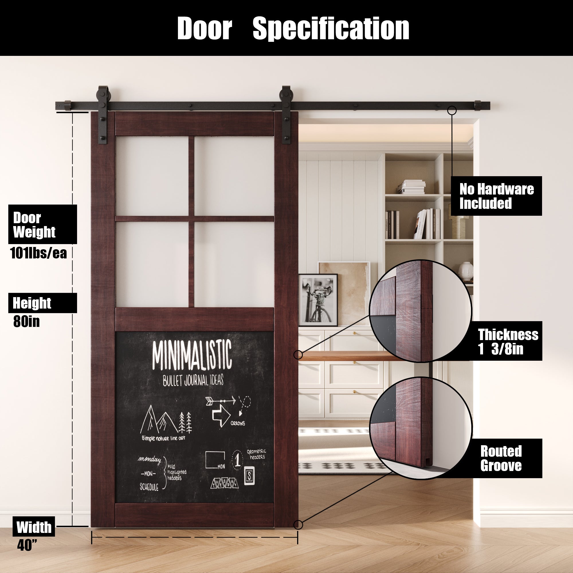 80" Height Red Mahogany Half Lite Chalkboard Unassembled & Finished Pine Wood Barn Door (Interior Use Only)