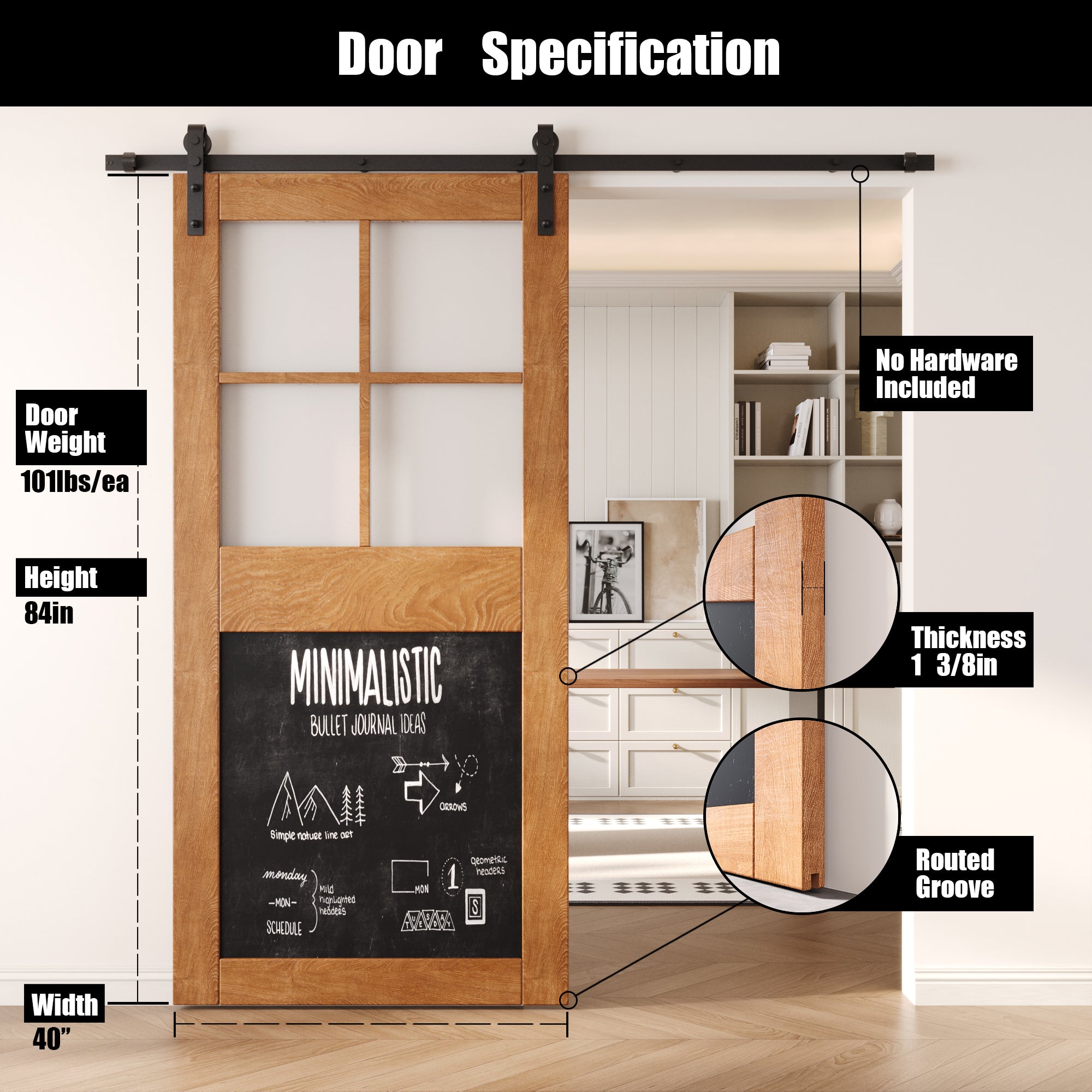 84" Height Early American Half Lite Chalkboard Unassembled & Finished Pine Wood Barn Door (Interior Use Only)