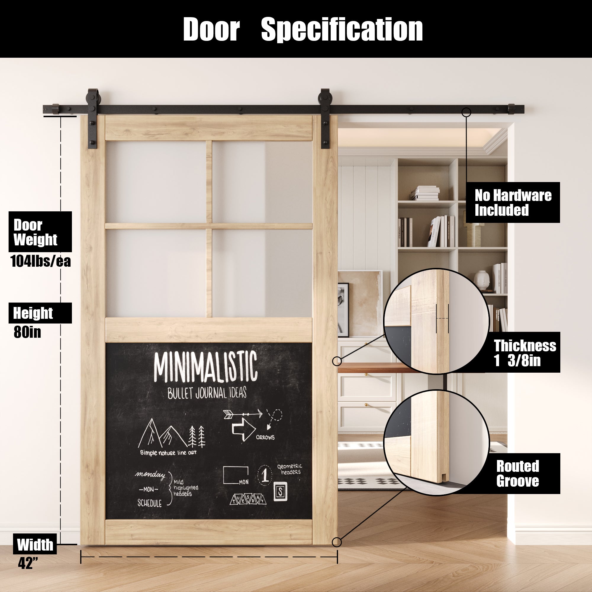 80" Height Half Lite Chalkboard Unassembled & Unfinished Pine Wood Barn Door (Interior Use Only)
