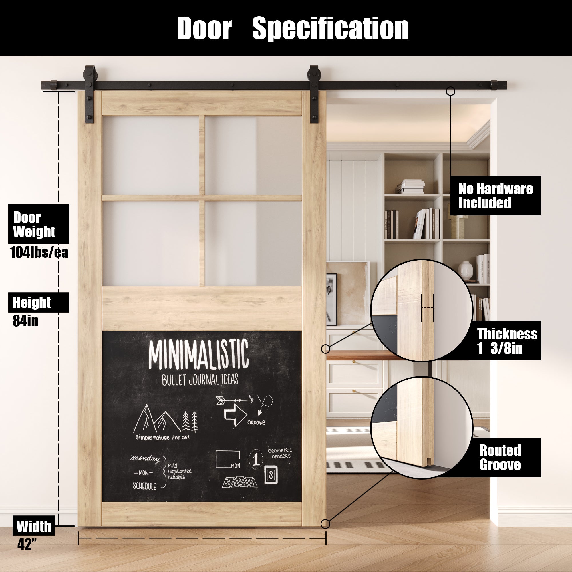 84" Height Half Lite Chalkboard Unassembled & Unfinished Pine Wood Barn Door (Interior Use Only)