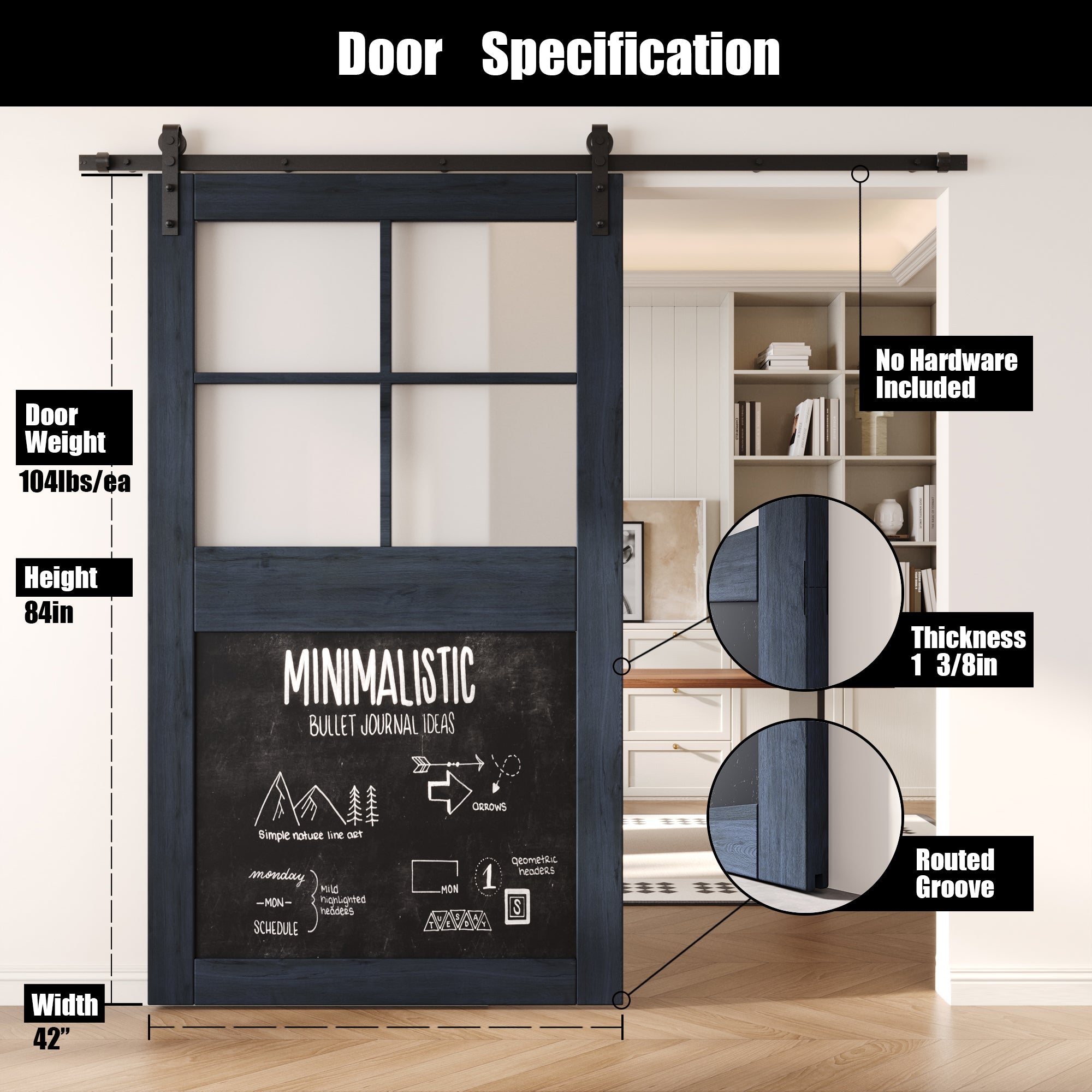 84" Height Navy Half Lite Chalkboard Unassembled & Finished Pine Wood Barn Door (Interior Use Only)