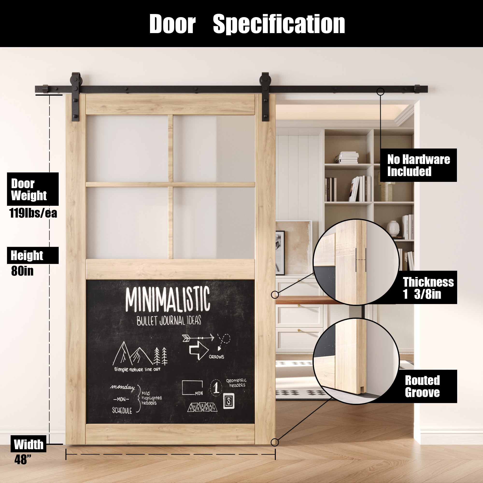 80" Height Half Lite Chalkboard Unassembled & Unfinished Pine Wood Barn Door (Interior Use Only)